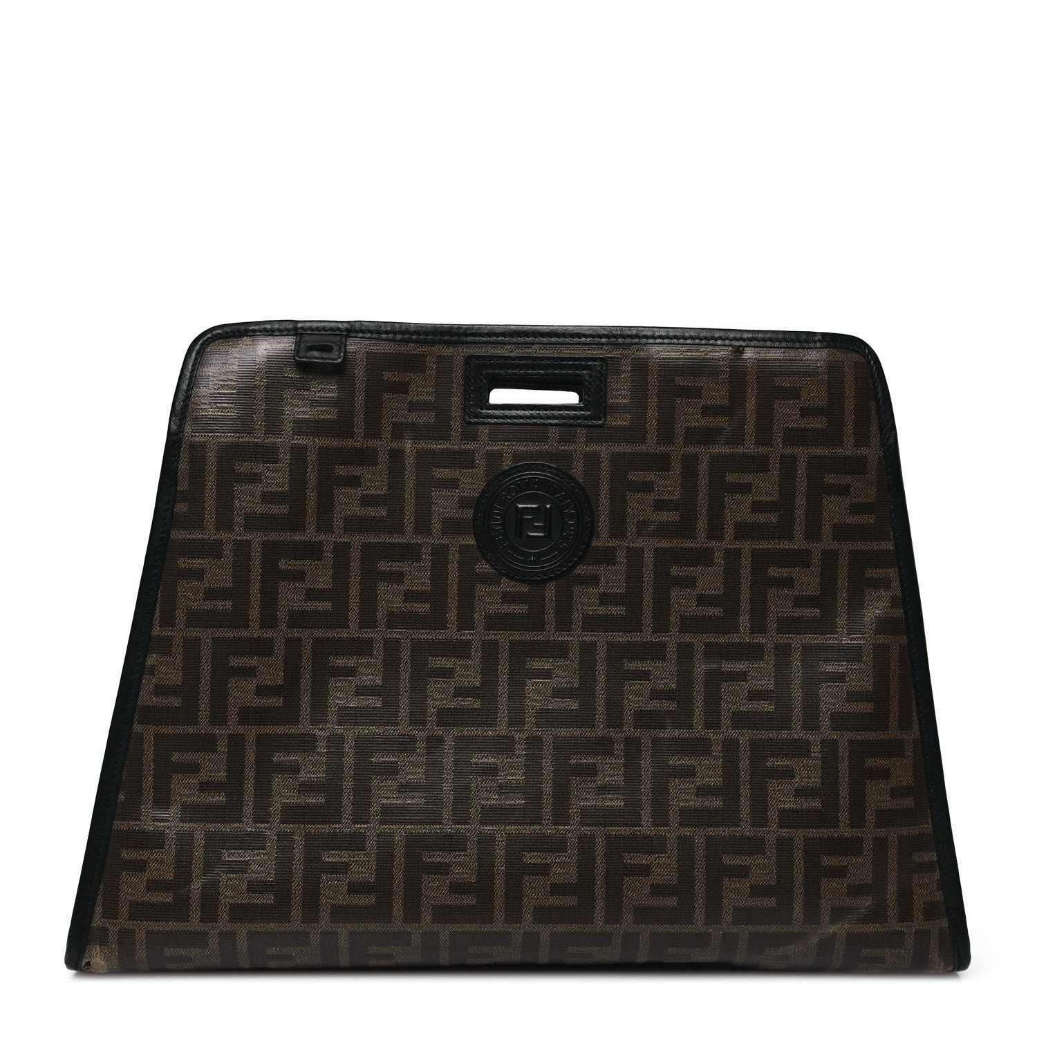 Fendi Glazed Fabric Vitello Century FF 1974 Stamp Patch Medium Peekaboo Defender Cover Mogano Panna Black