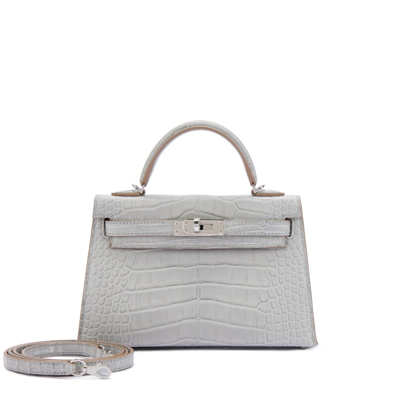 Hermes Gris Ciment Matte Alligator Mini Kelly II 20 Palladium Hardware, 2024