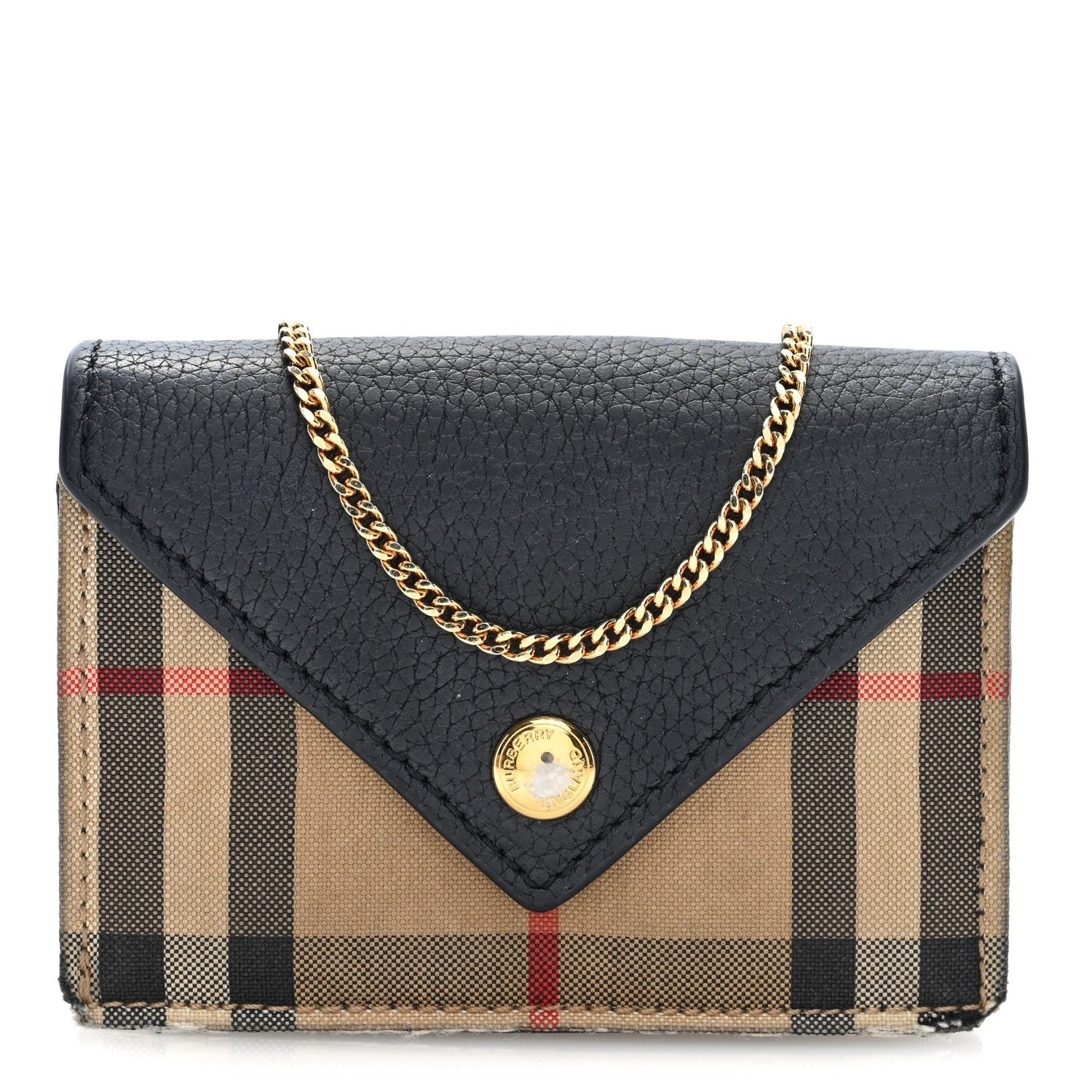 Burberry Grainy Calfskin Vintage Check Jade Card Case On Chain Black