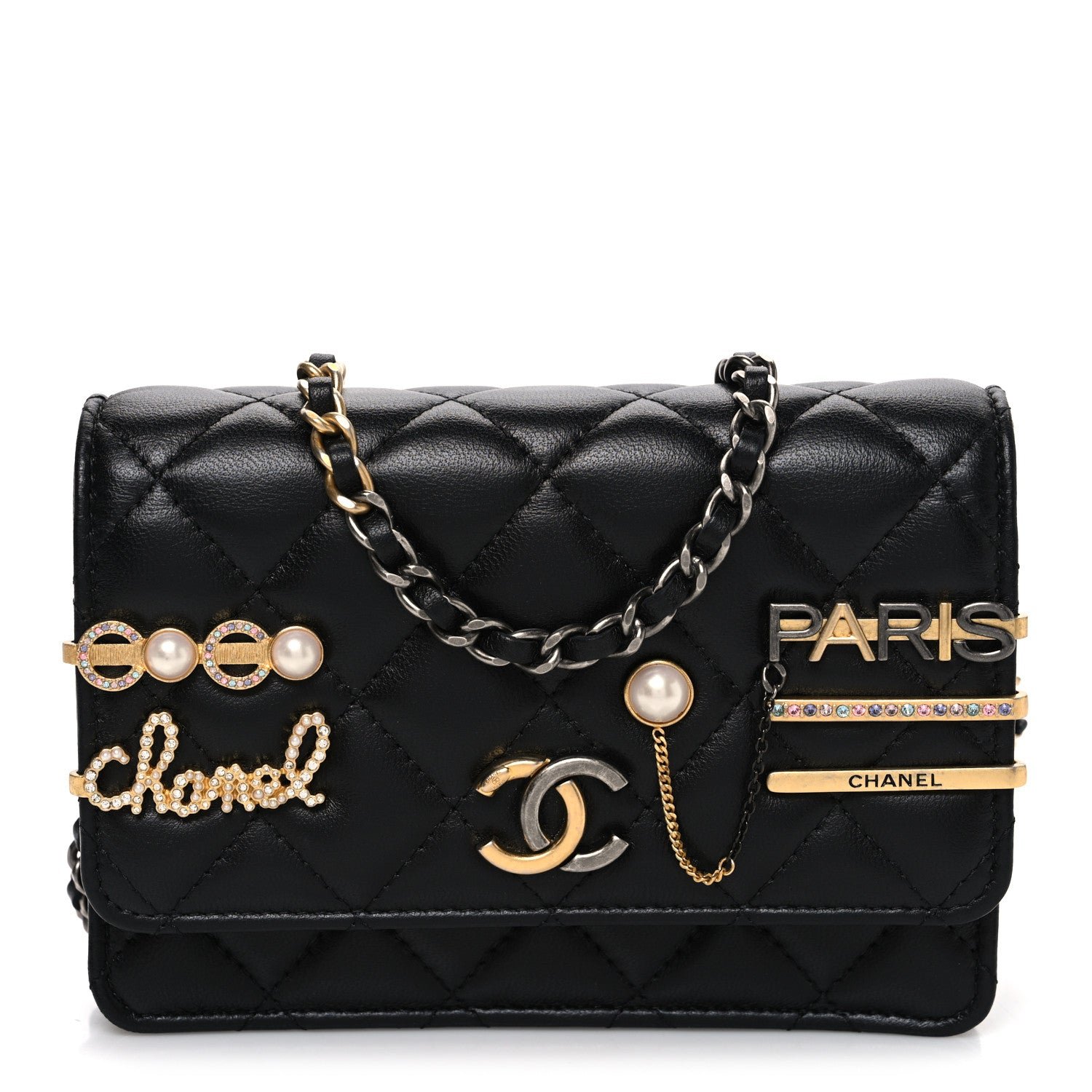 Chanel Lambskin Quilted Coco Clips Mini Wallet On Chain WOC Black
