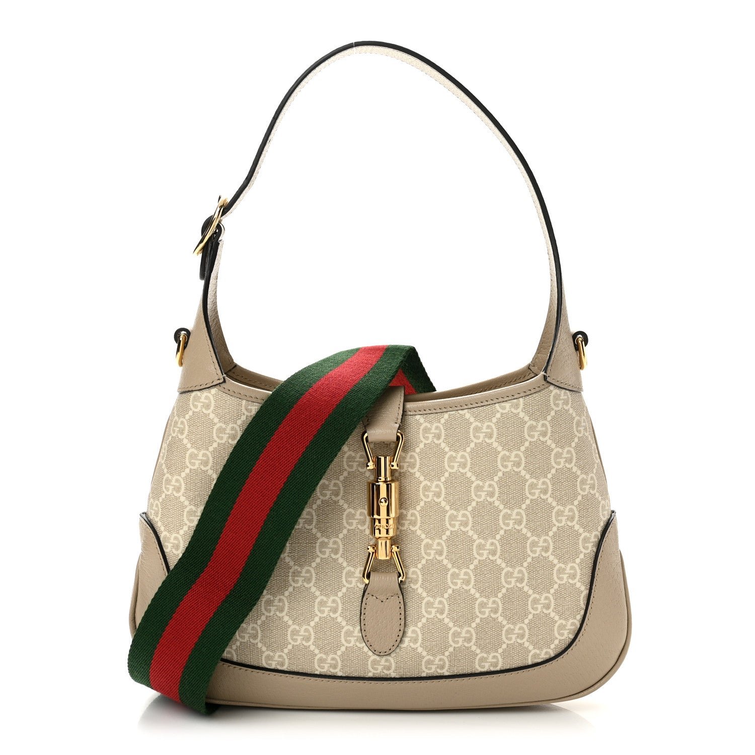 Gucci GG Supreme Monogram Textured Dollar Calfskin Web Small Jackie 1961 Hobo Beige Mystic White Oatmeal
