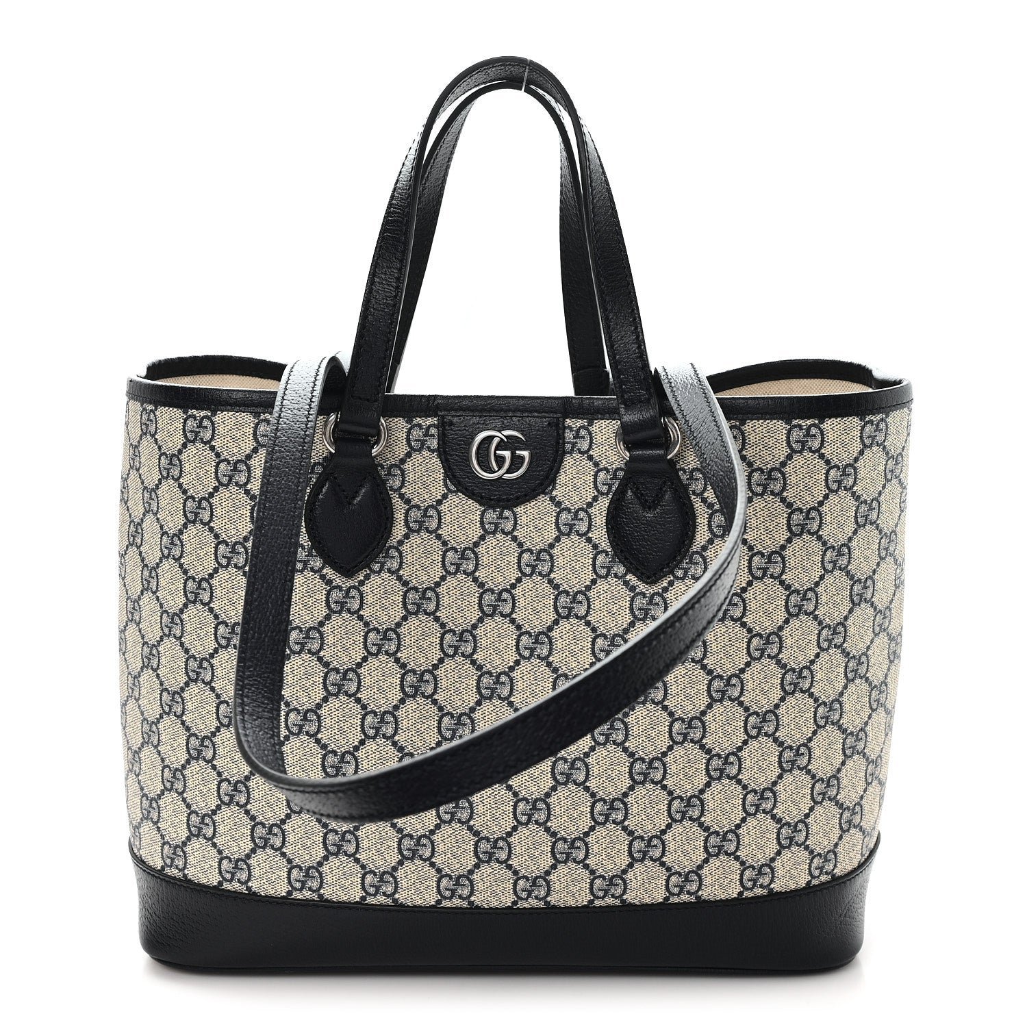 Gucci GG Supreme Monogram Textured Dollar Calfskin Small Shoulder Tote Bag Beige Blue