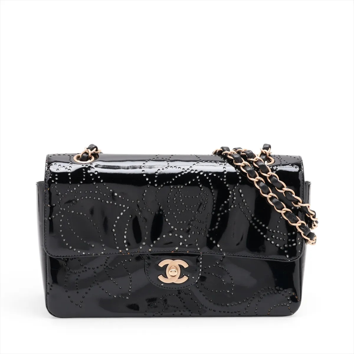 Chanel Camelia Patent Leather Single Flap Double Chain Bag Black Gold Metal Fitt