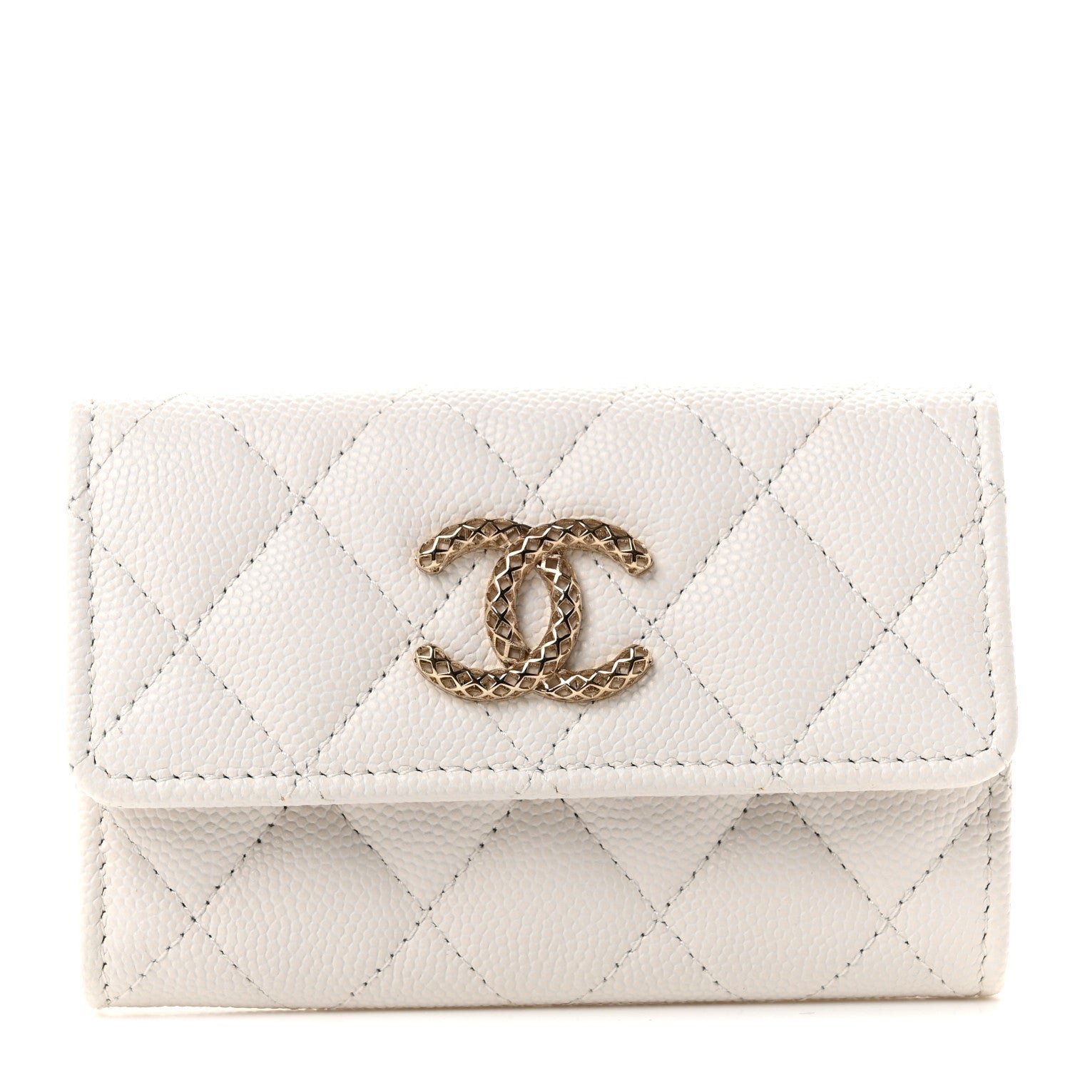 Chanel Caviar Metal Perforated Quilted CC Flap Card Holder White