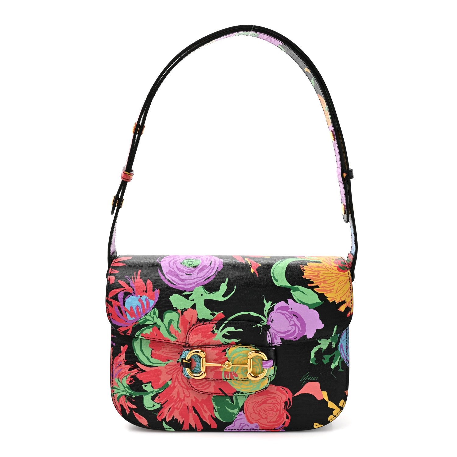 Gucci X KEN SCOTT New Shangai Calfskin Jenny Floral Print Horsebit 1955 Shoulder Bag Black Pink