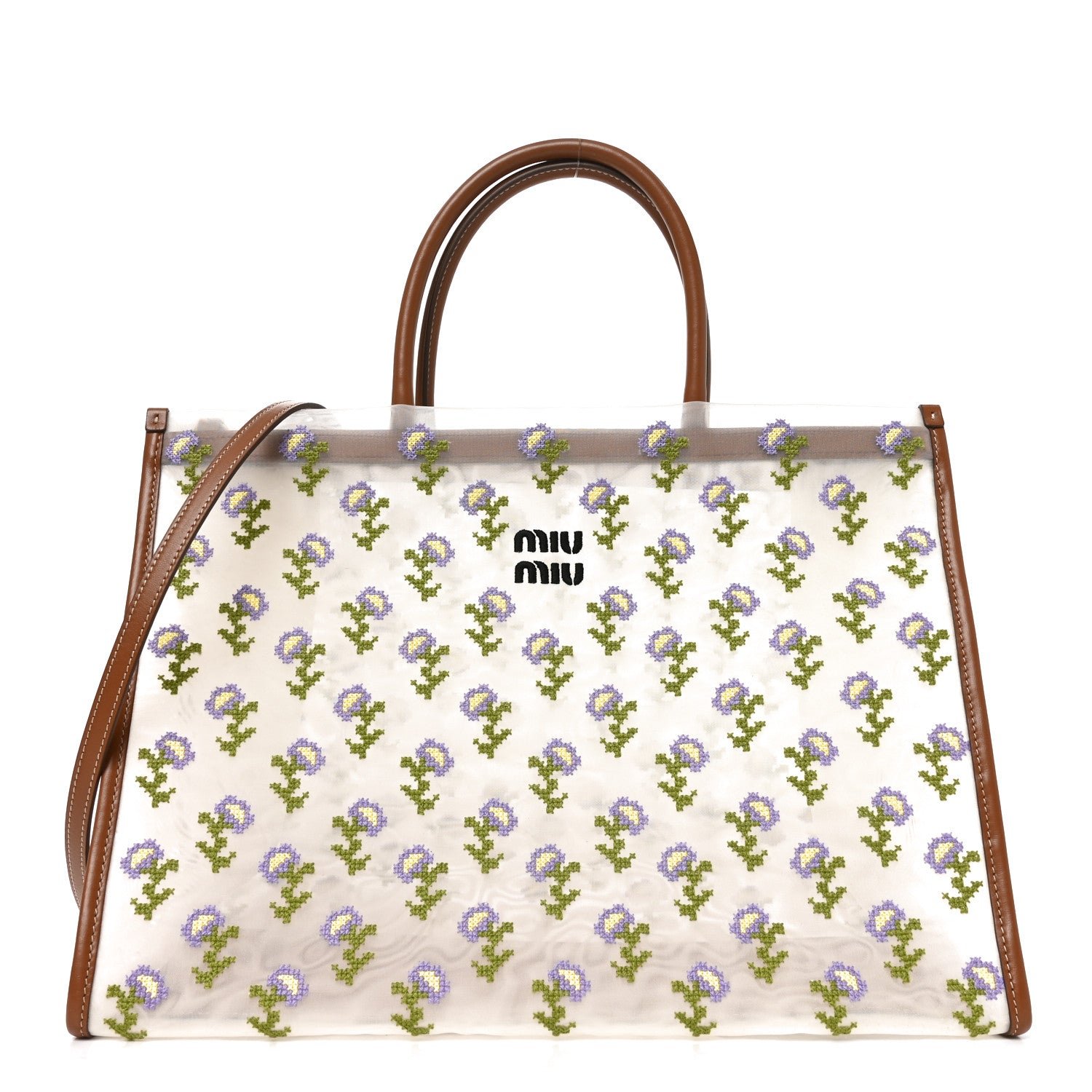 Miu Miu Nappa Embroidered Floral Shopping Bag Cognac