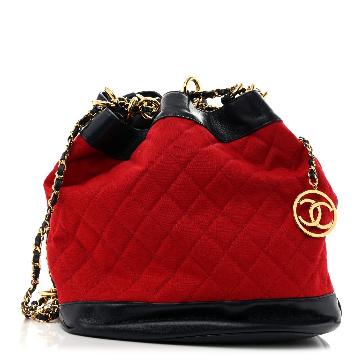 Chanel Canvas Lambskin Quilted CC Drawstring Shoulder Bag Red Navy