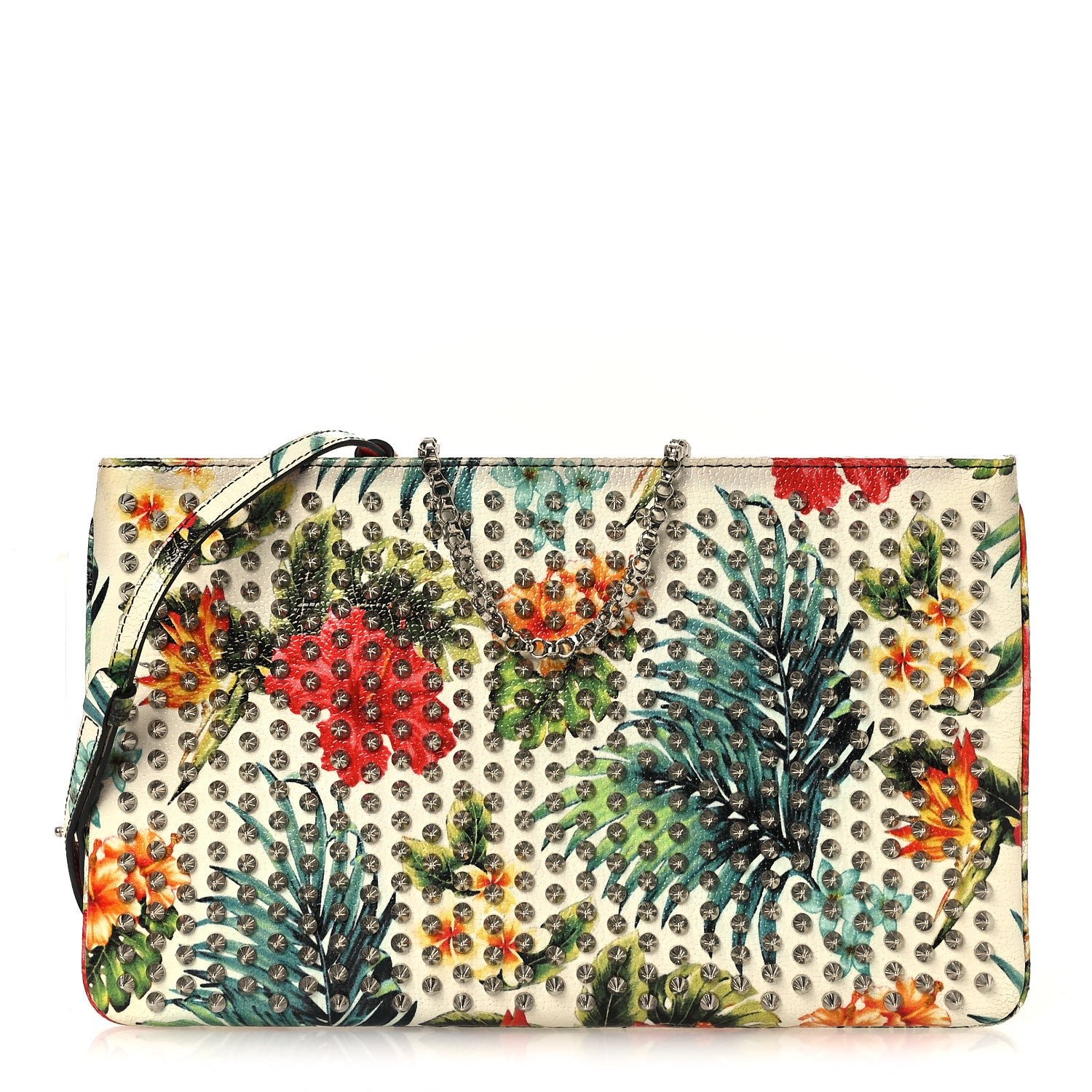 Christian Louboutin Christian Louboutin Calfskin Studded Floral Mosaic Loubiclutch Crossbody Clutch White Multicolor