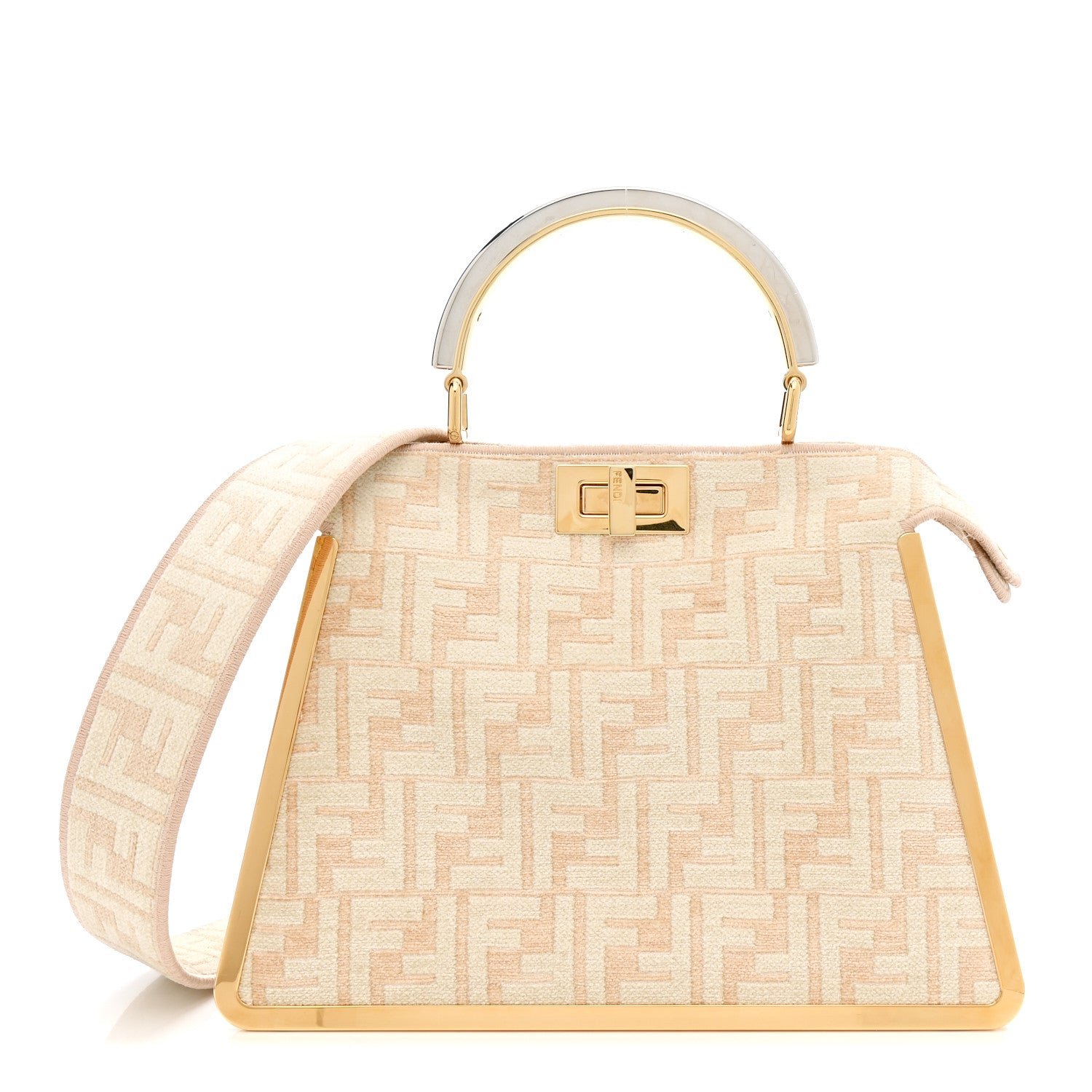 Fendi Fendi Chenille Suede Metal FF Small Peekaboo I SEE U Satchel Beige White