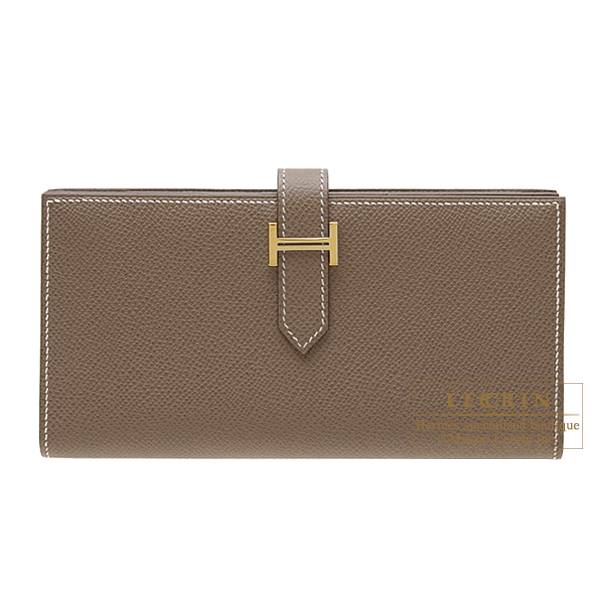 Hermes Bearn Soufflet Etoupe grey Epsom leather Gold hardware