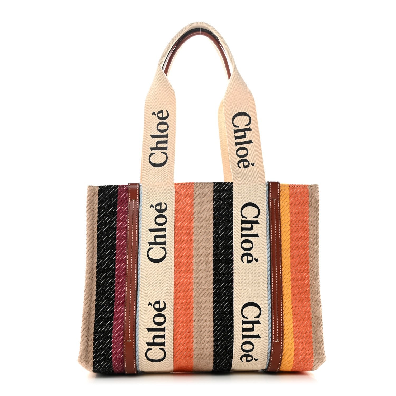 Chloe Cotton Calfskin Medium Woody Striped Tote Multicolor