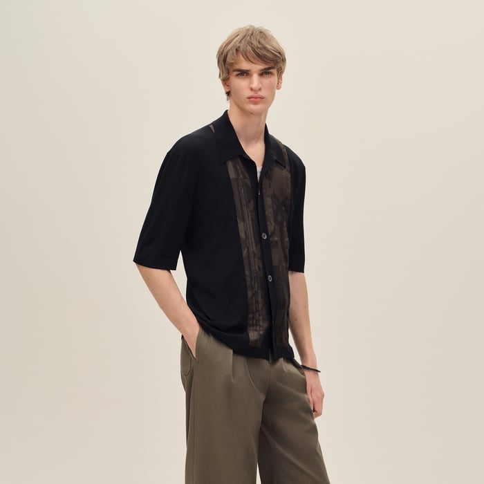 Noir "Eperon d'Or Soie Plissee" Short-sleeve Straight Cut Shirt