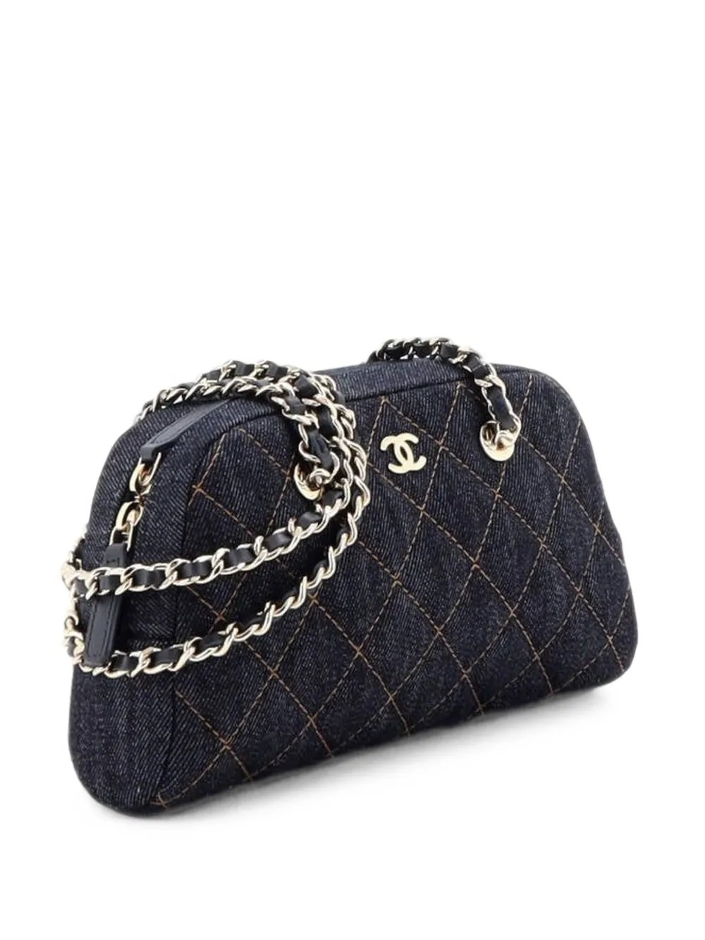 Bowling with Chain Quilted Denim clutch bag