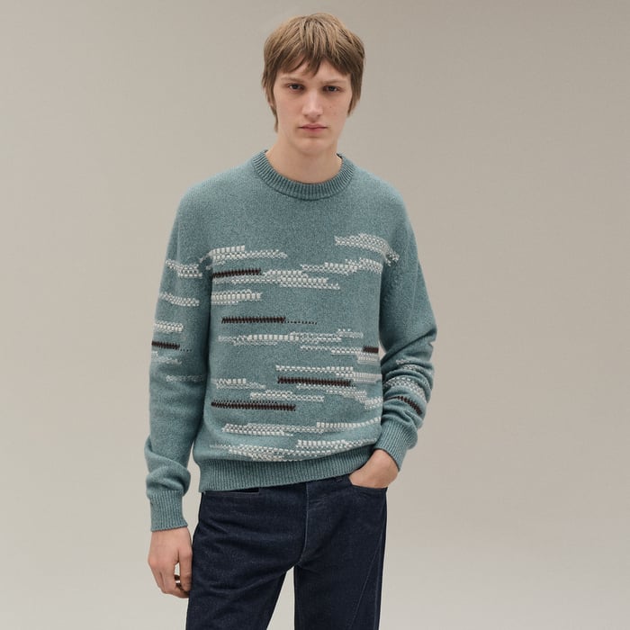 Céladon Chiné Cashmere "Cachemire Detail Cuir" Crewneck Sweater