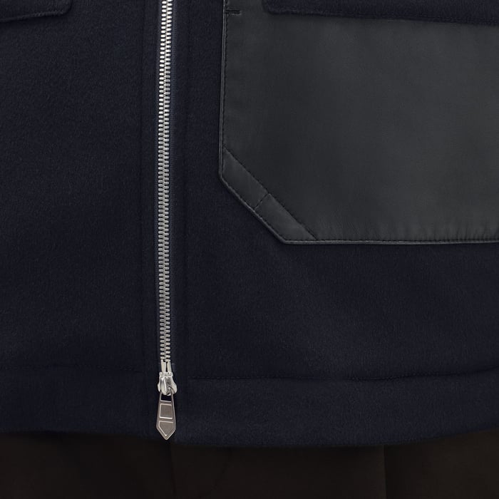 Marine Cashmere Zipped Straight Cut Jacket With Leather Details