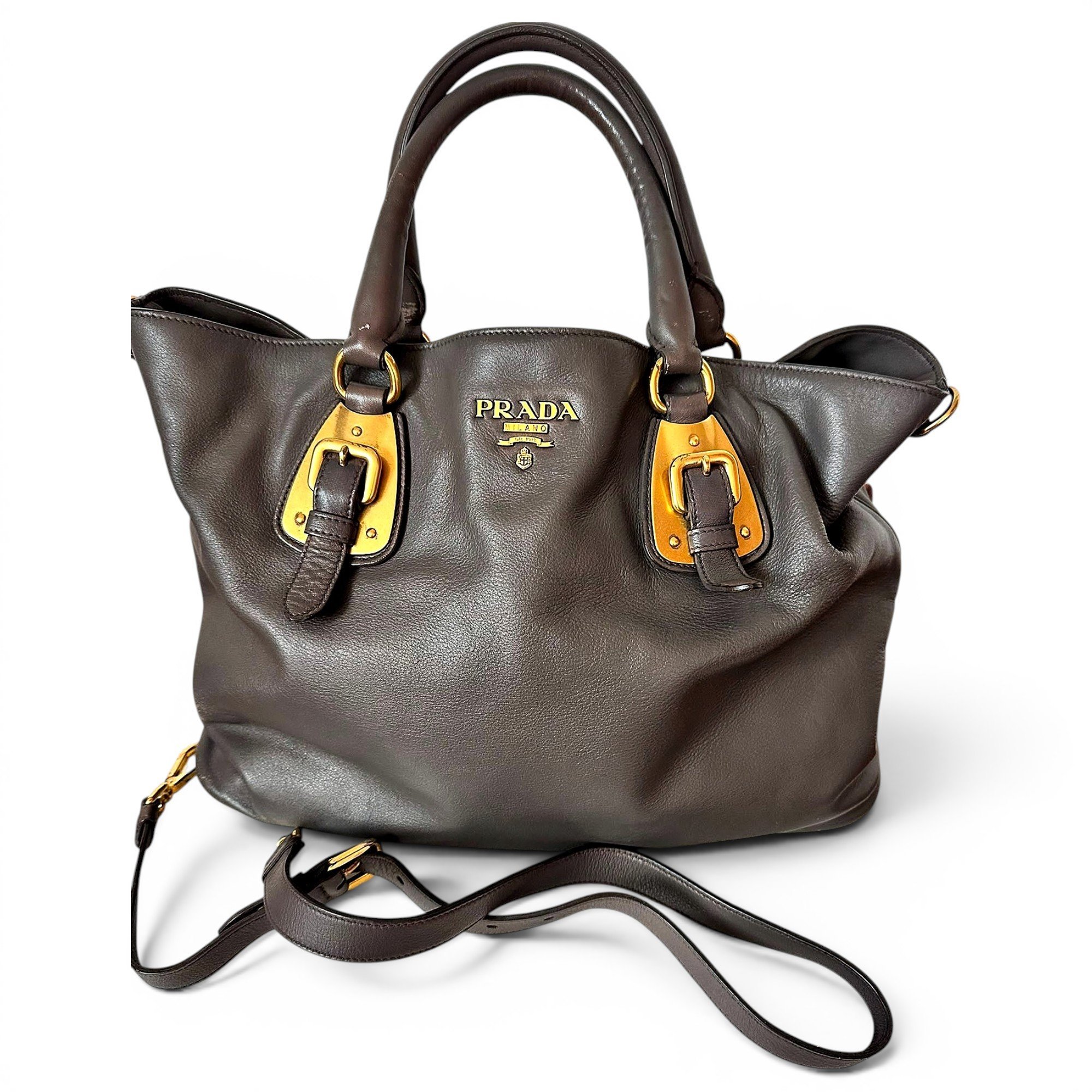 Buckle leather handbag