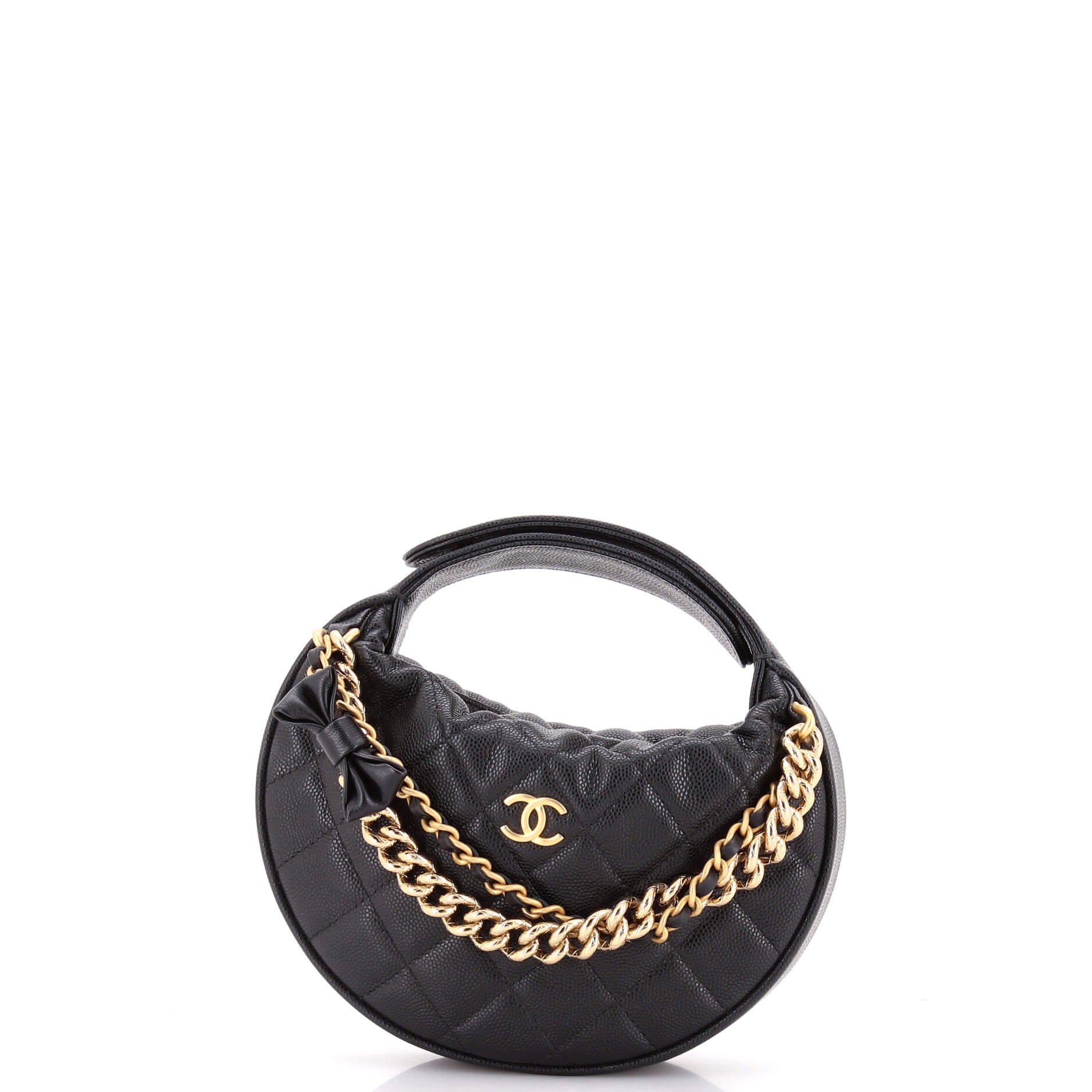Double Chain Bow Hobo Pouch Quilted Caviar Mini