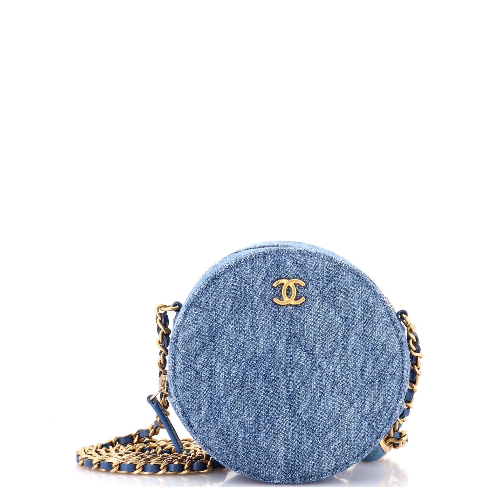 Pearl Crush Round Clutch with Chain Quilted Denim