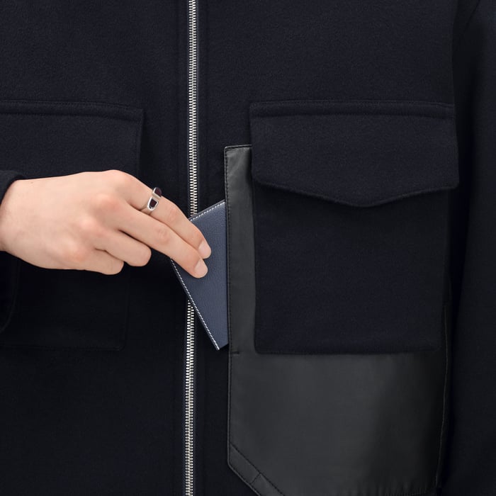 Marine Cashmere Zipped Straight Cut Jacket With Leather Details