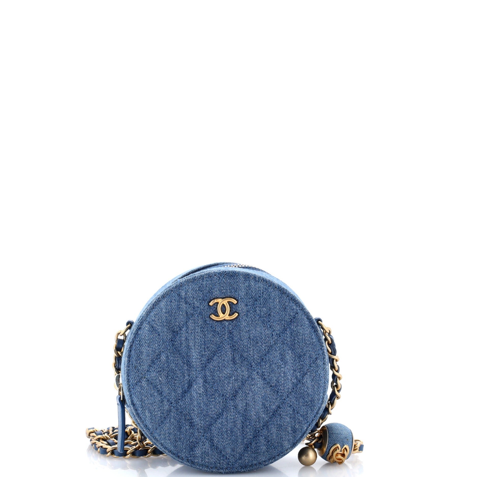 Pearl Crush Round Clutch with Chain Quilted Denim