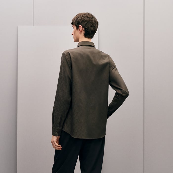 Taupe "Jacquard Optique Chaine" Straight Cut Shirt With Paolo Collar
