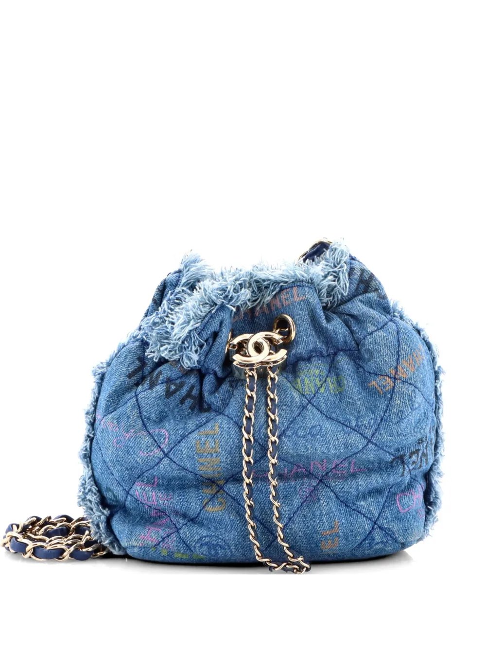 Denim Mood Chain Logo Printed Quilted Fringe Denim Medium bucket bag