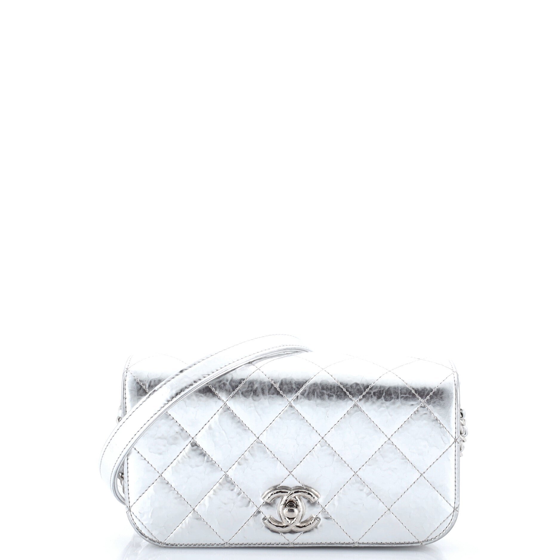 CC Flap Clutch on Chain Quilted Hammered Metallic Calfskin