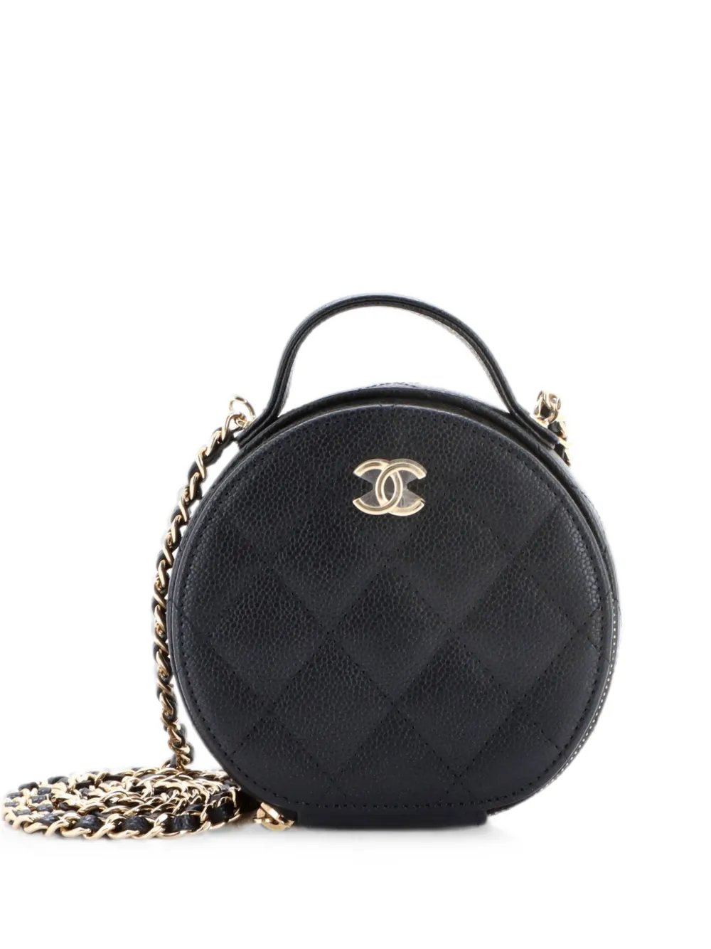 Handle with Care Round Vanity Case with Chain Quilted Caviar Small crossbody bag