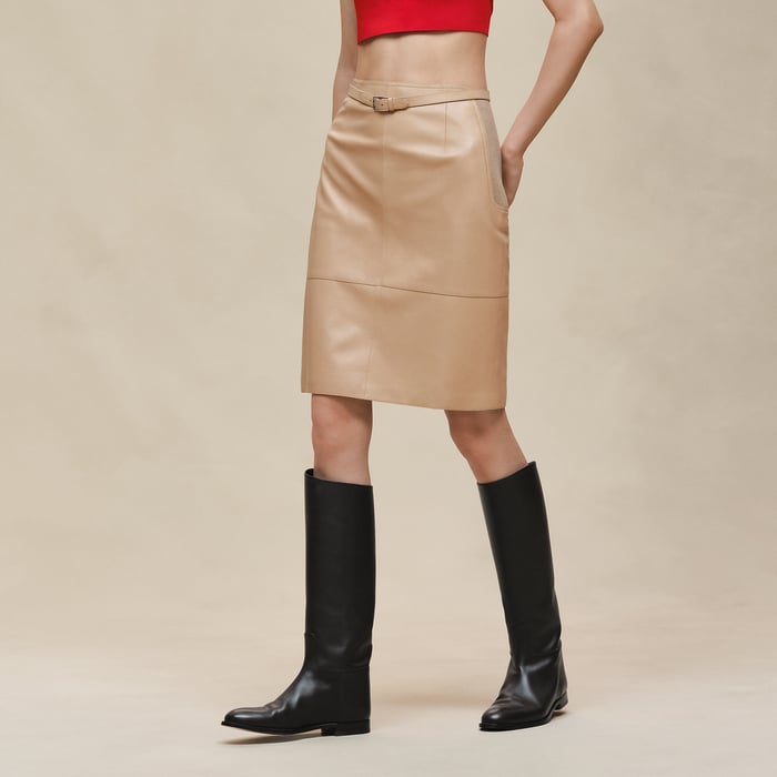 Beige Cajou Mixed Knit Pencil Skirt