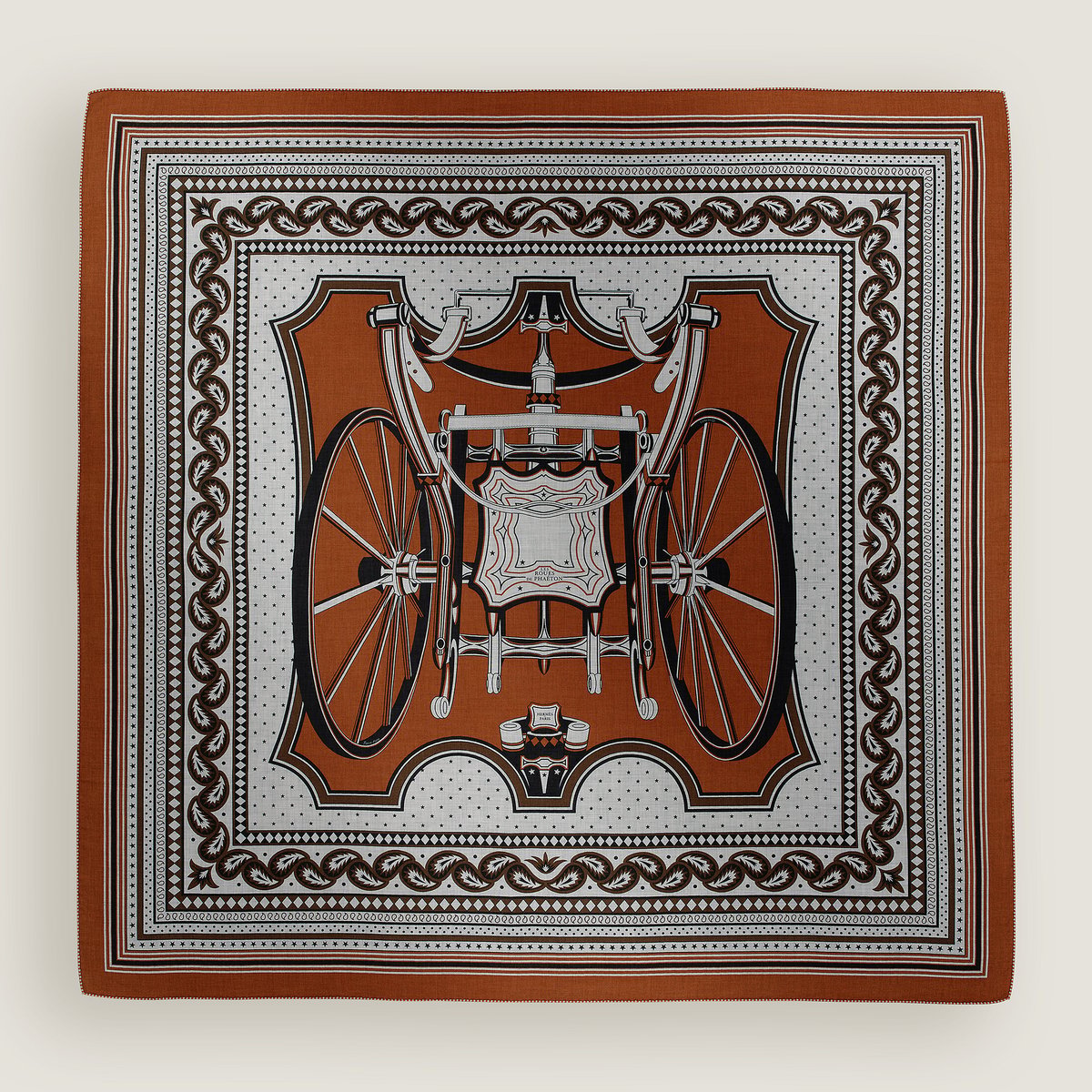 Hermès Les Roues de Phaeton Bandana shawl 140 Caramel/Gris Chiné