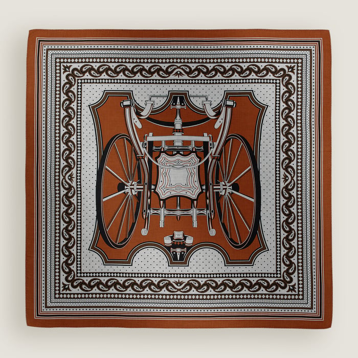 Hermès Les Roues de Phaeton Bandana shawl 140 Caramel/Gris Chiné