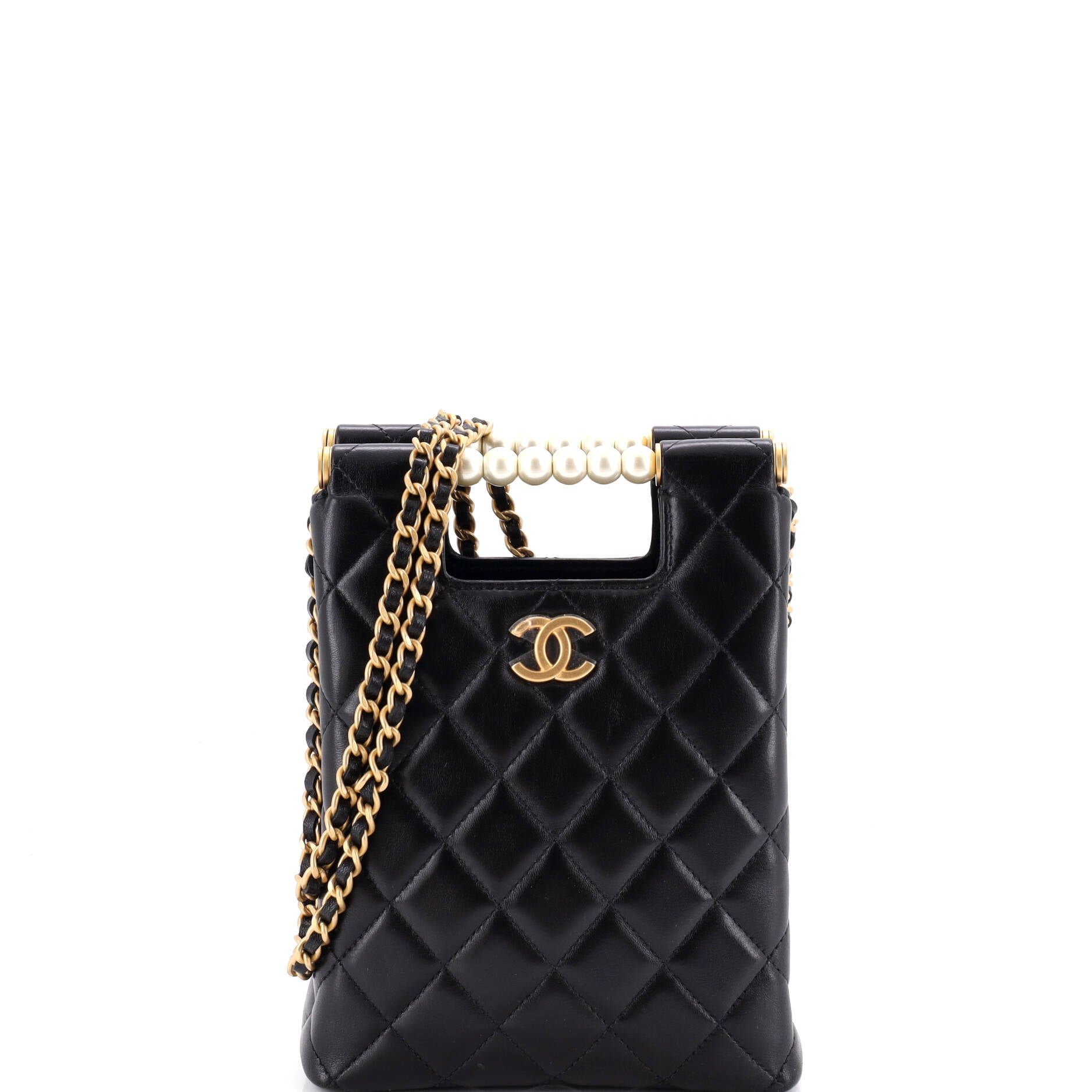 Chain Around Cut Out Handle Evening Tote Quilted Lambskin with Pearls Mini