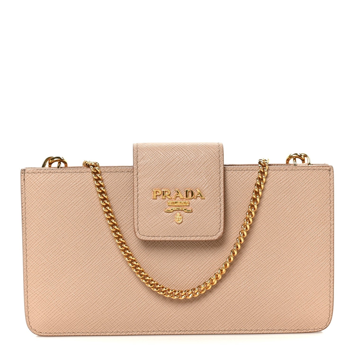 Prada Saffiano Metal Phone Wristlet Crossbody Wallet Cammeo