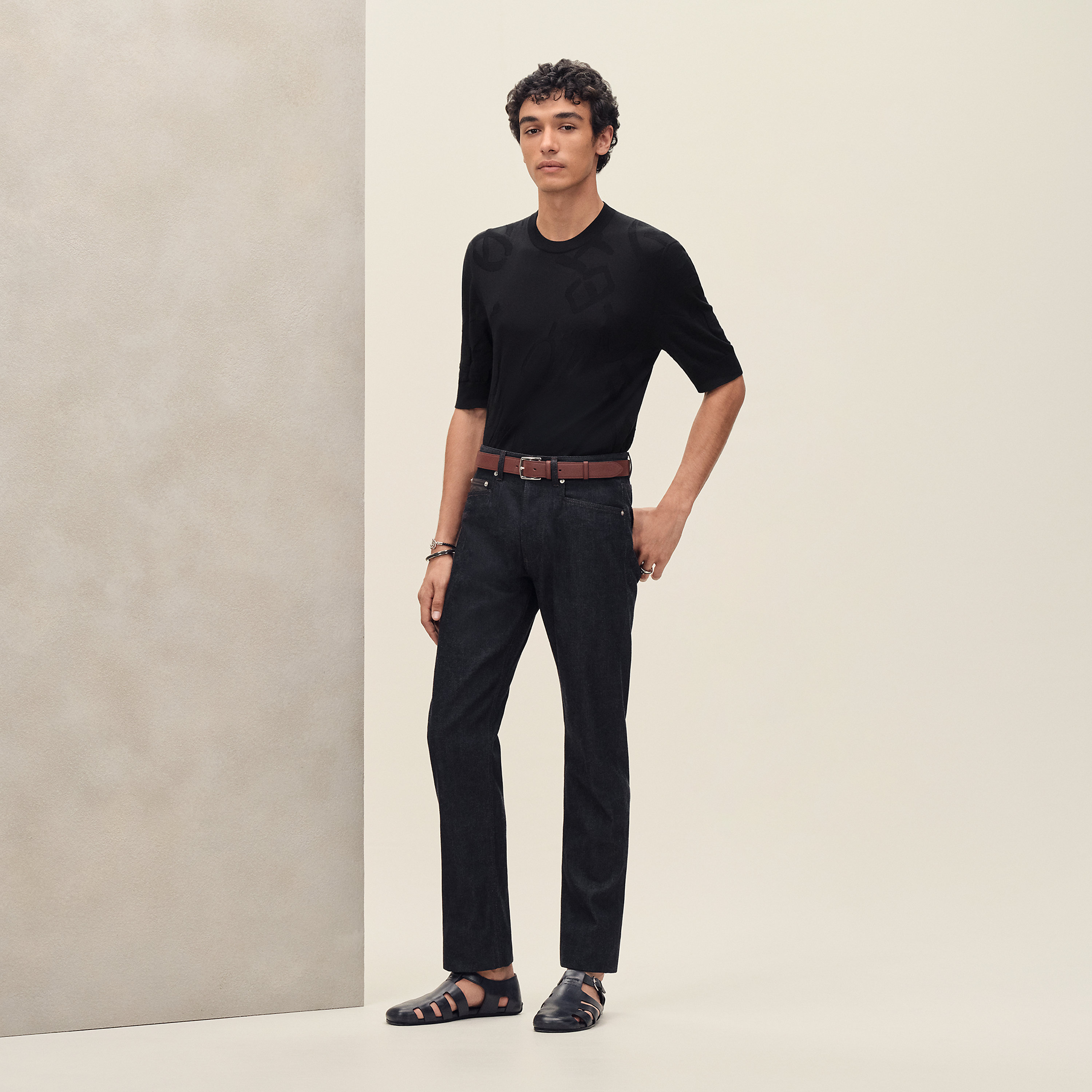 Straight cut jeans with leather pocket detail