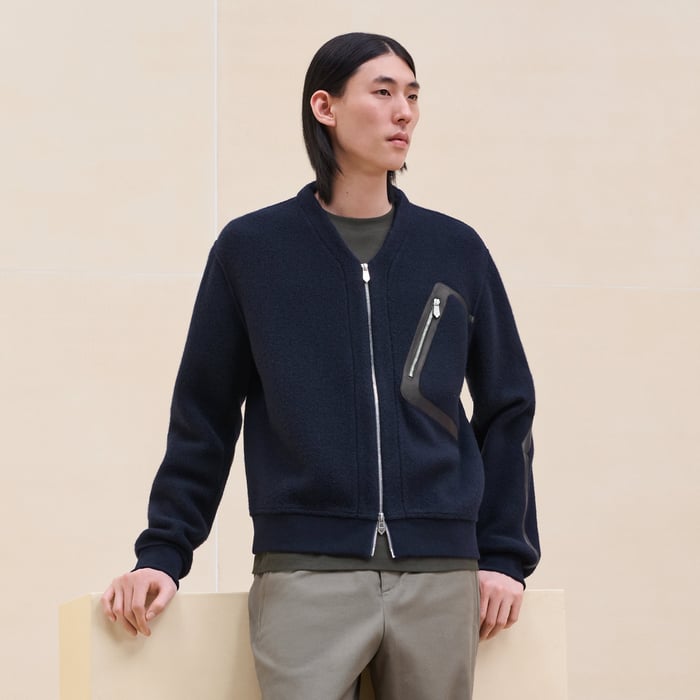 Marine Zipped Varsity Cardigan With Leather Detail