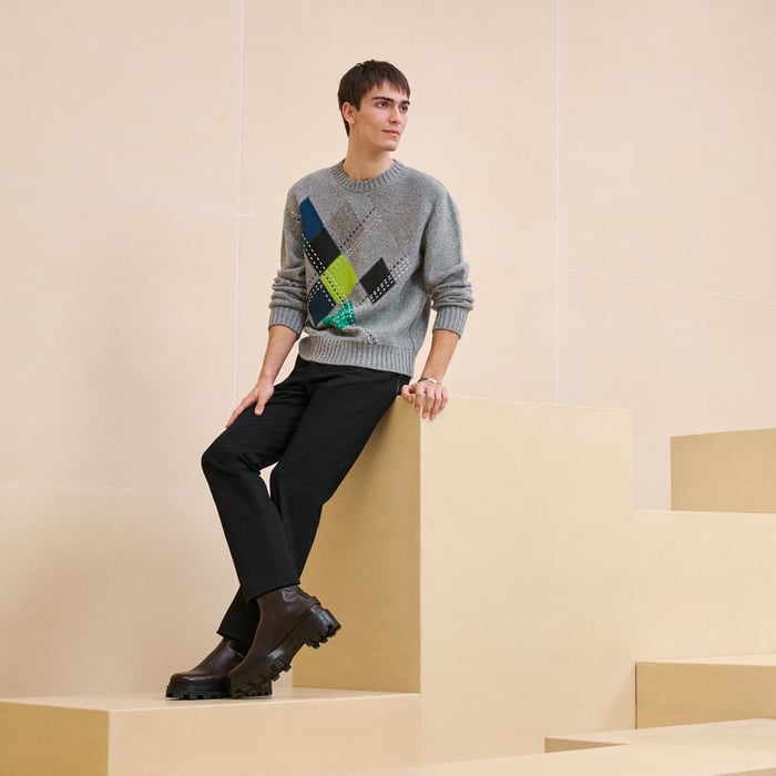Cashmere "Argyle brode cuir" crewneck sweater