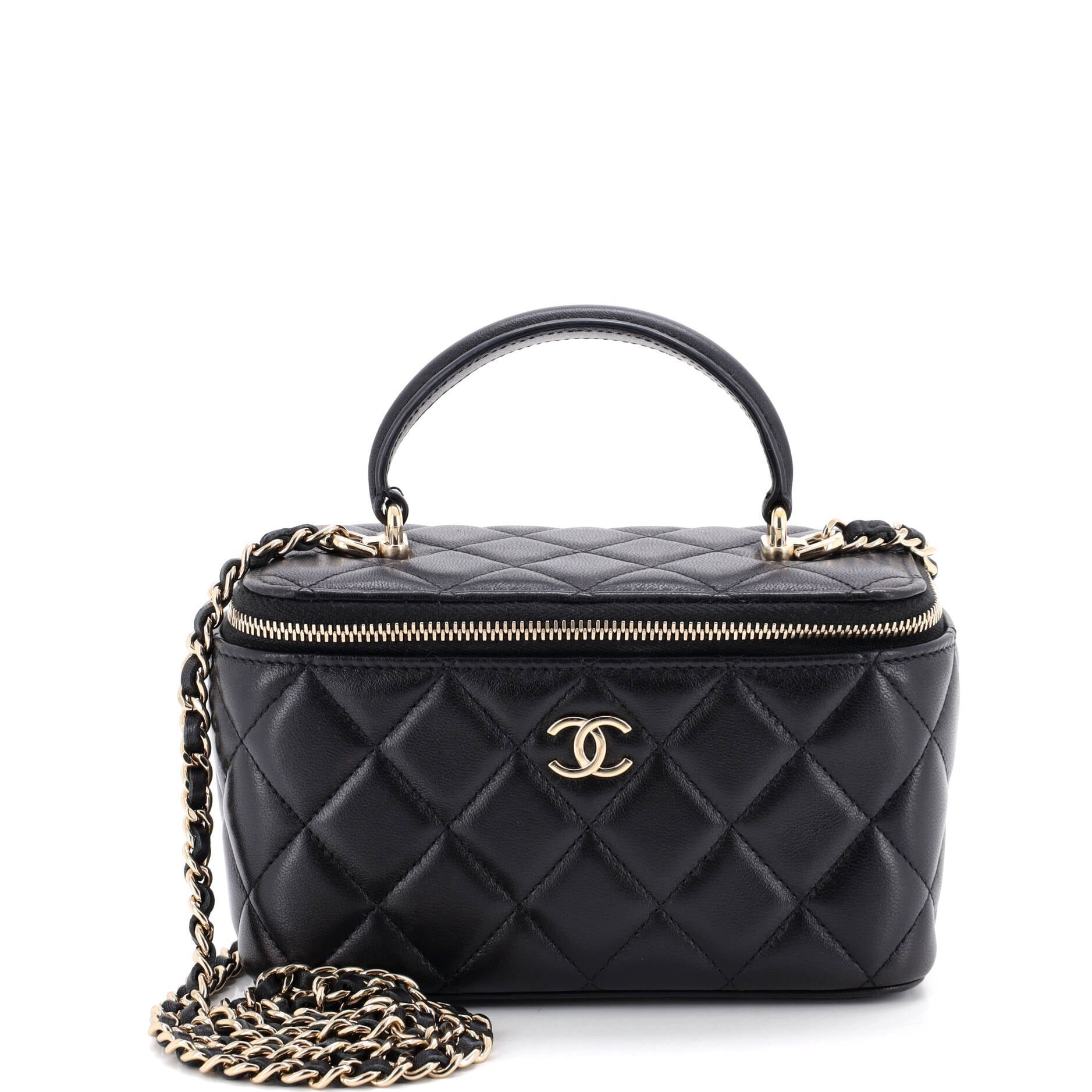 Classic Top Handle Vanity Case with Chain Quilted Lambskin Small