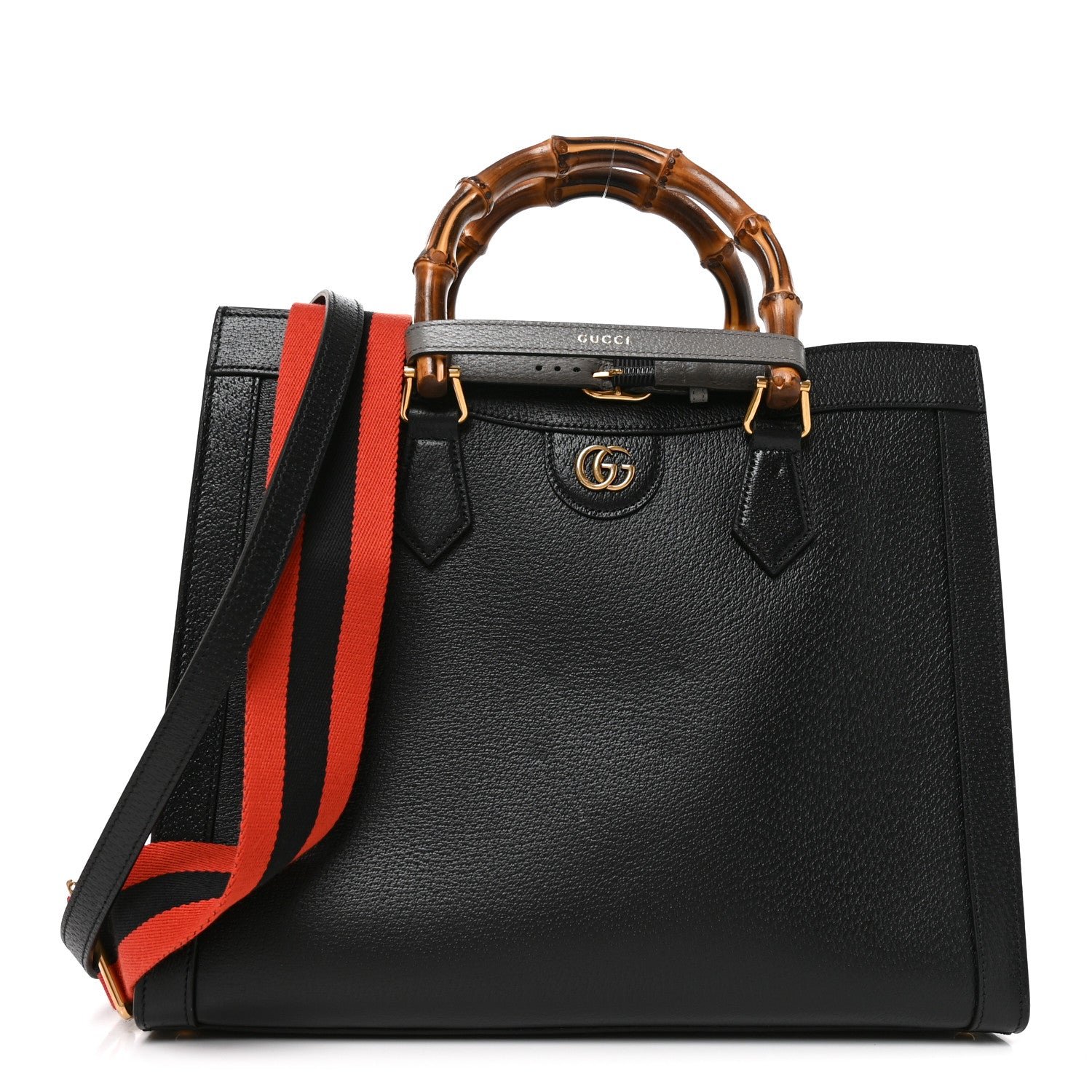 Gucci Textured Dollar Calfskin Web Medium Diana Tote Bag Black Dusty Grey