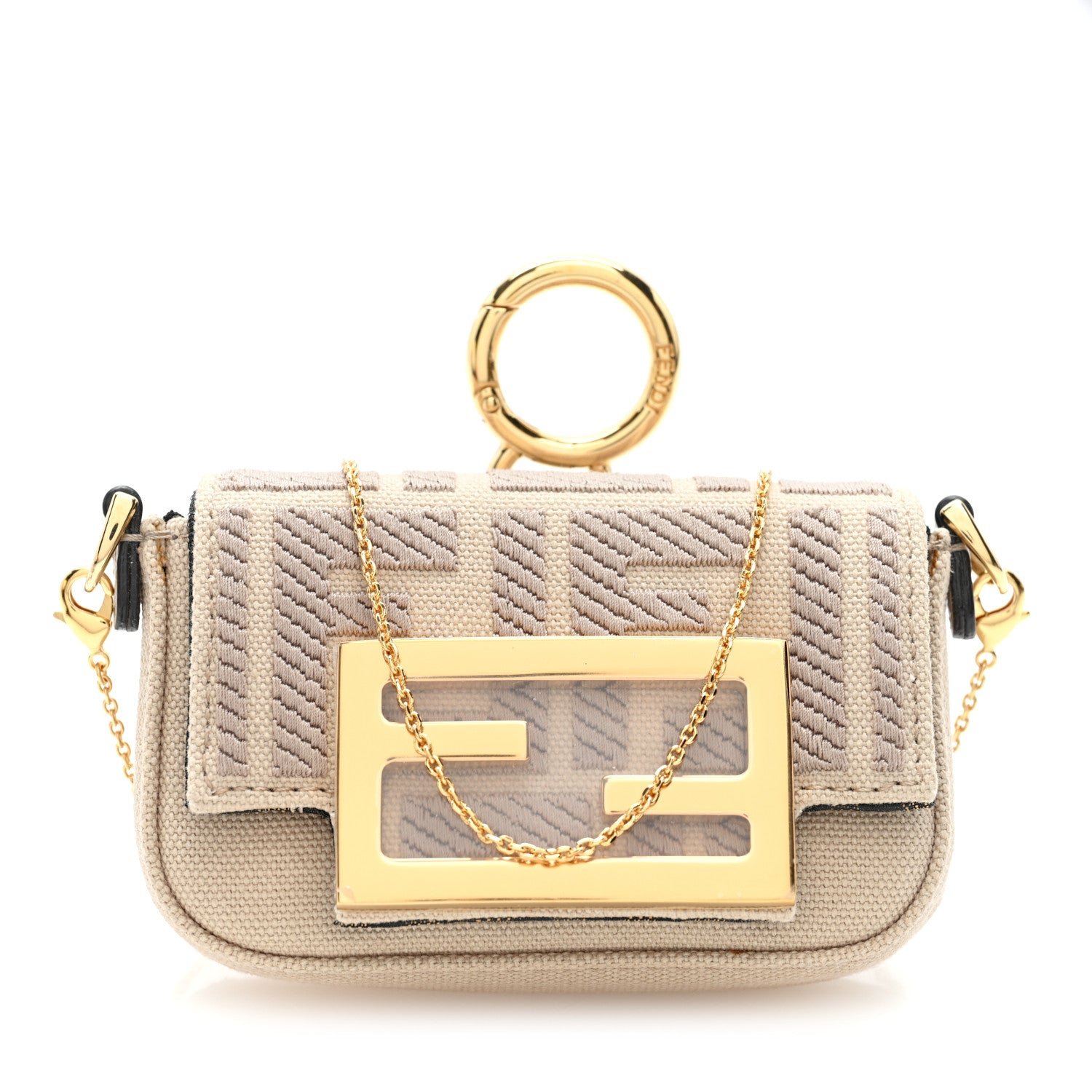 Fendi Fendi Canvas Vitello King FF Embroidered Nano Maxi Buckle Baguette Charm Nuvola