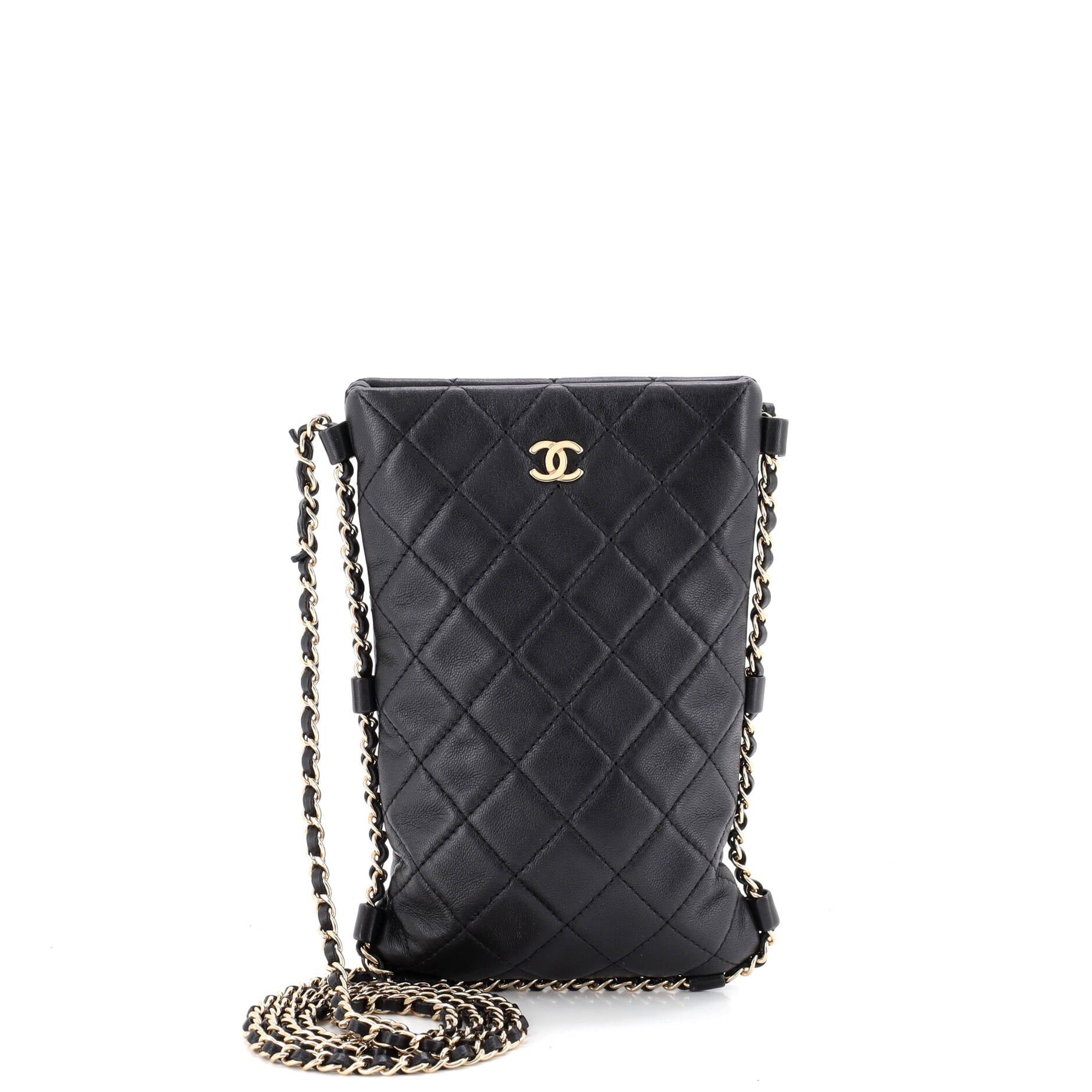 Chain Around Flat Phone Holder Crossbody Quilted Lambskin