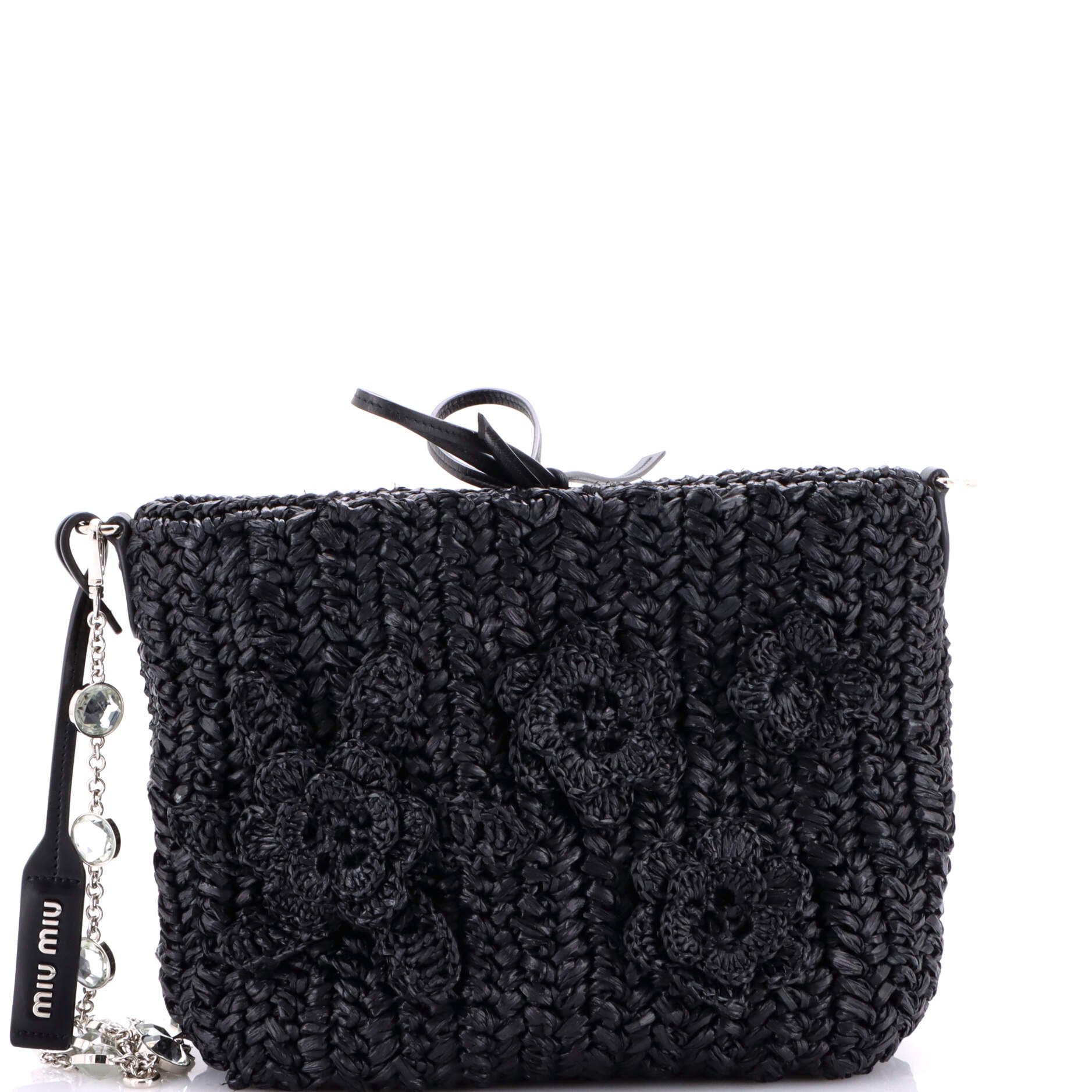 Miu Miu Flower Crystal Chain Shoulder Bag Woven Raffia