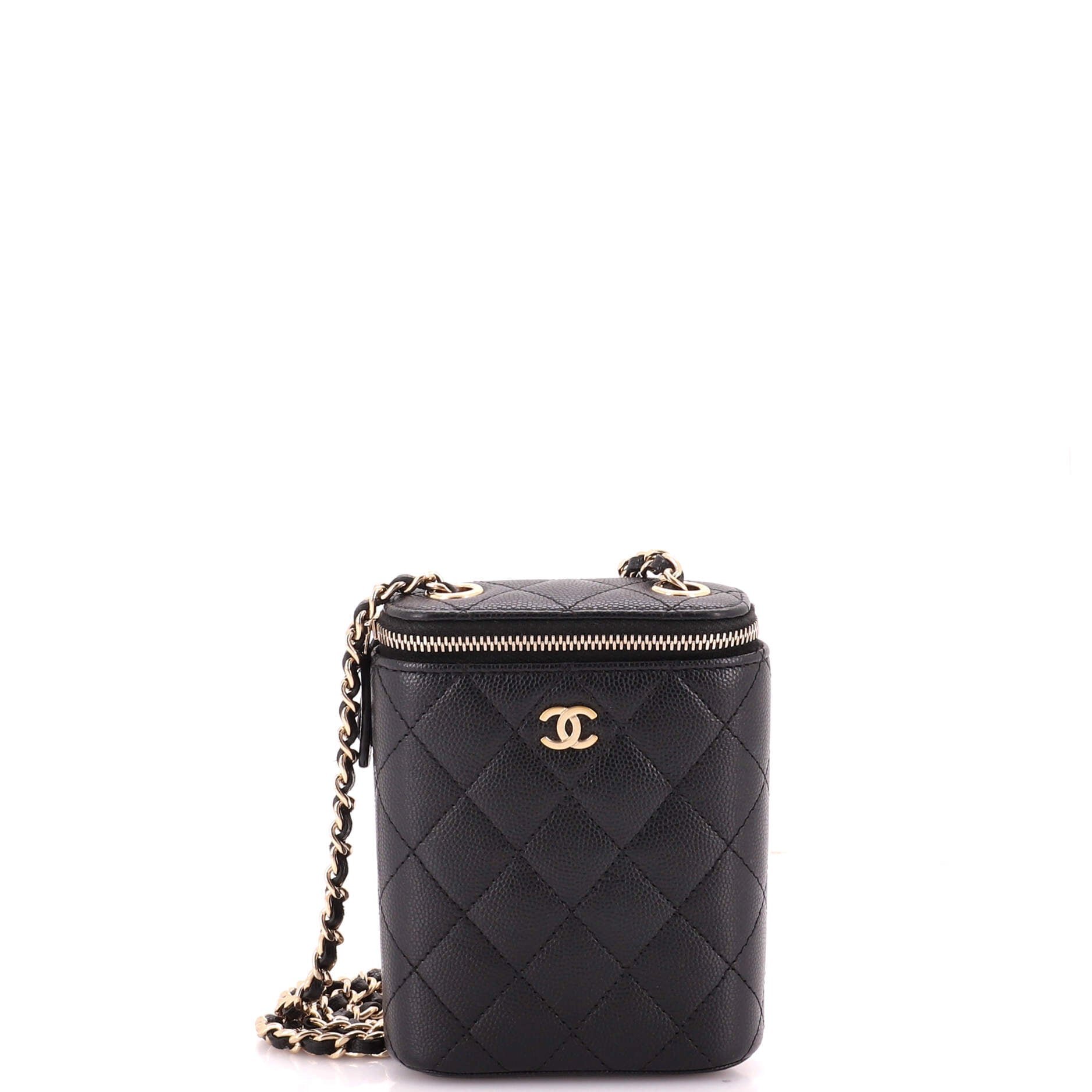 Vertical Classic Vanity Case with Chain Quilted Caviar Small