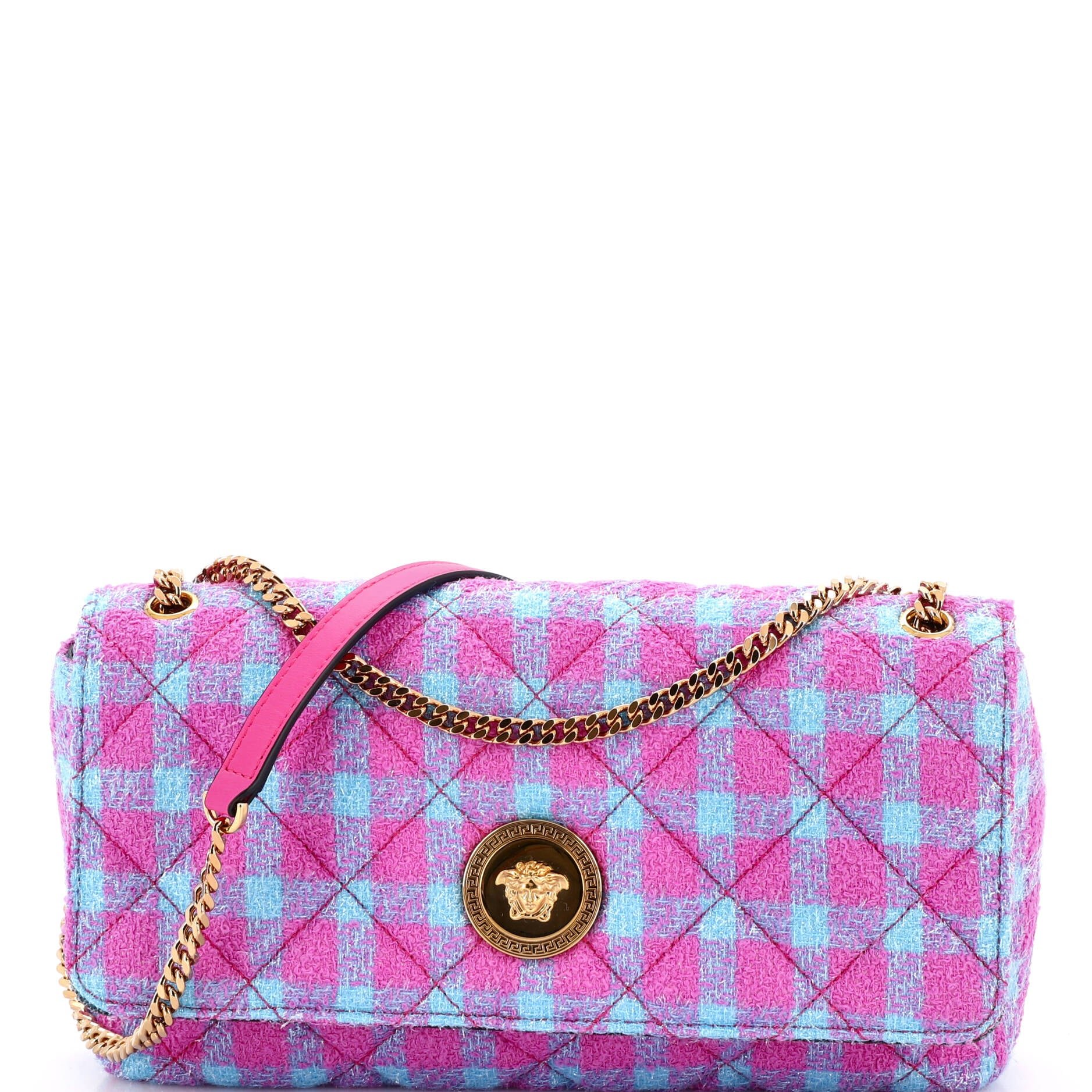 Versace Medusa Icon Chain Flap Bag Quilted Tweed East West