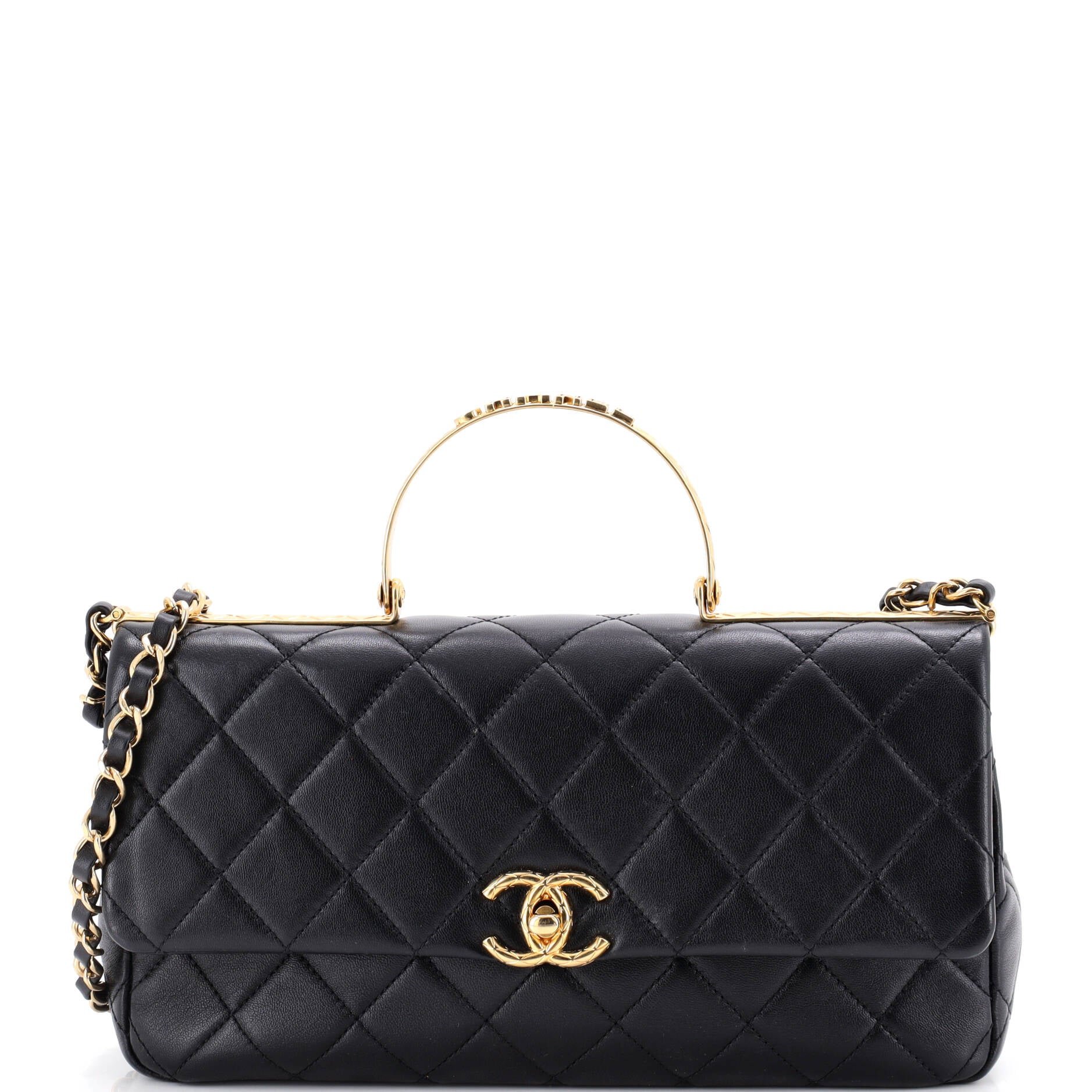 Logo Quilted Metal Top Handle Flap Bag Quilted Lambskin with Metal and Crystals East West
