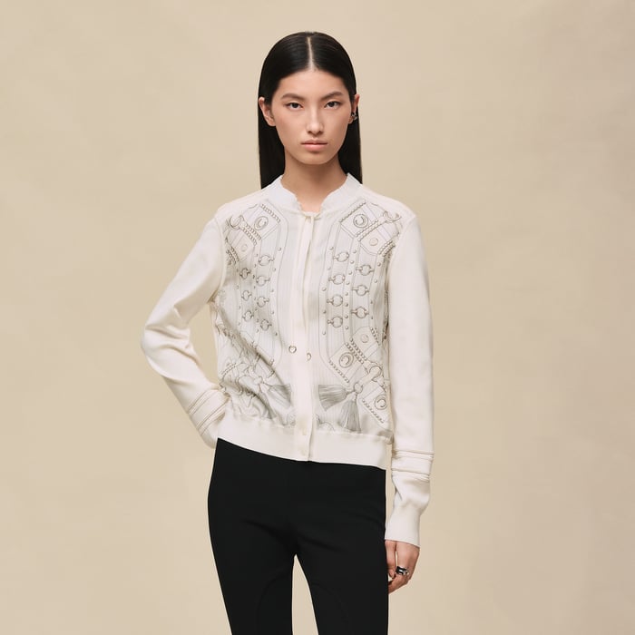 Gris Perle "Aux Champs En Fleurs Raye" Buttoned Jacket
