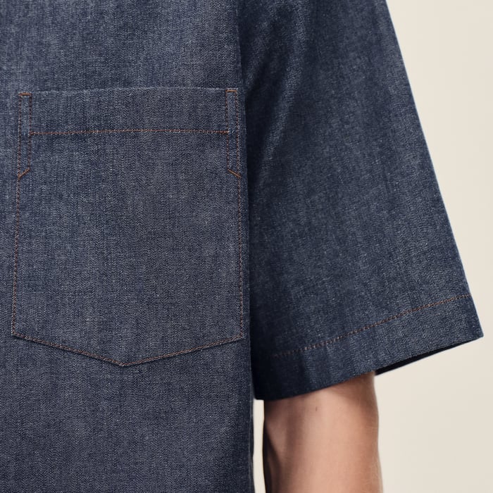 Indigo Short-sleeve Straight Cut Shirt With Notched Collar
