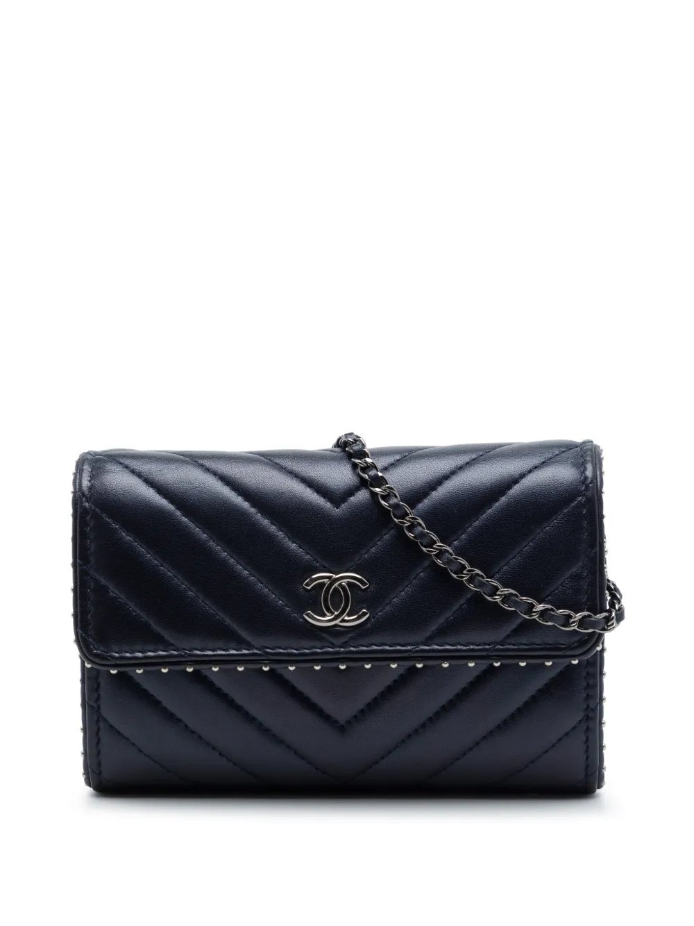 2018-2019 CC Chevron Lambskin Studded Wallet On Chain crossbody bag