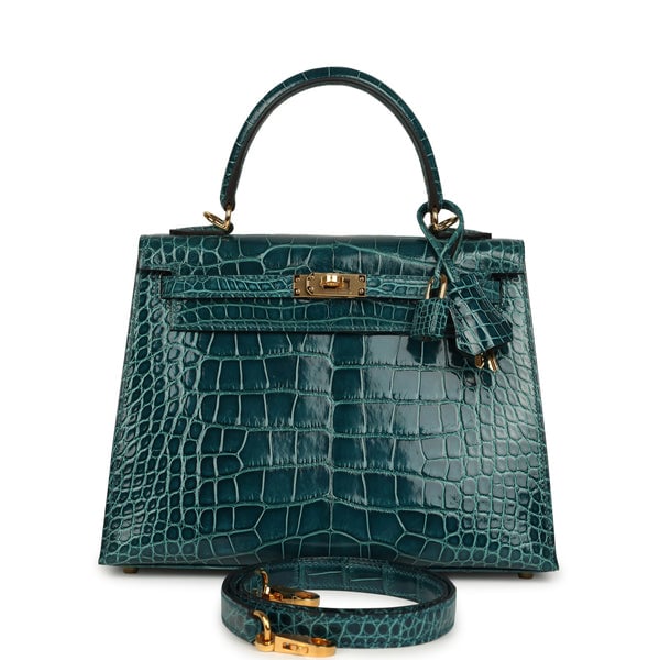 Hermes Pre-owned Hermes Kelly Sellier 25 Vert Bosphore Shiny Alligator Gold Hardware