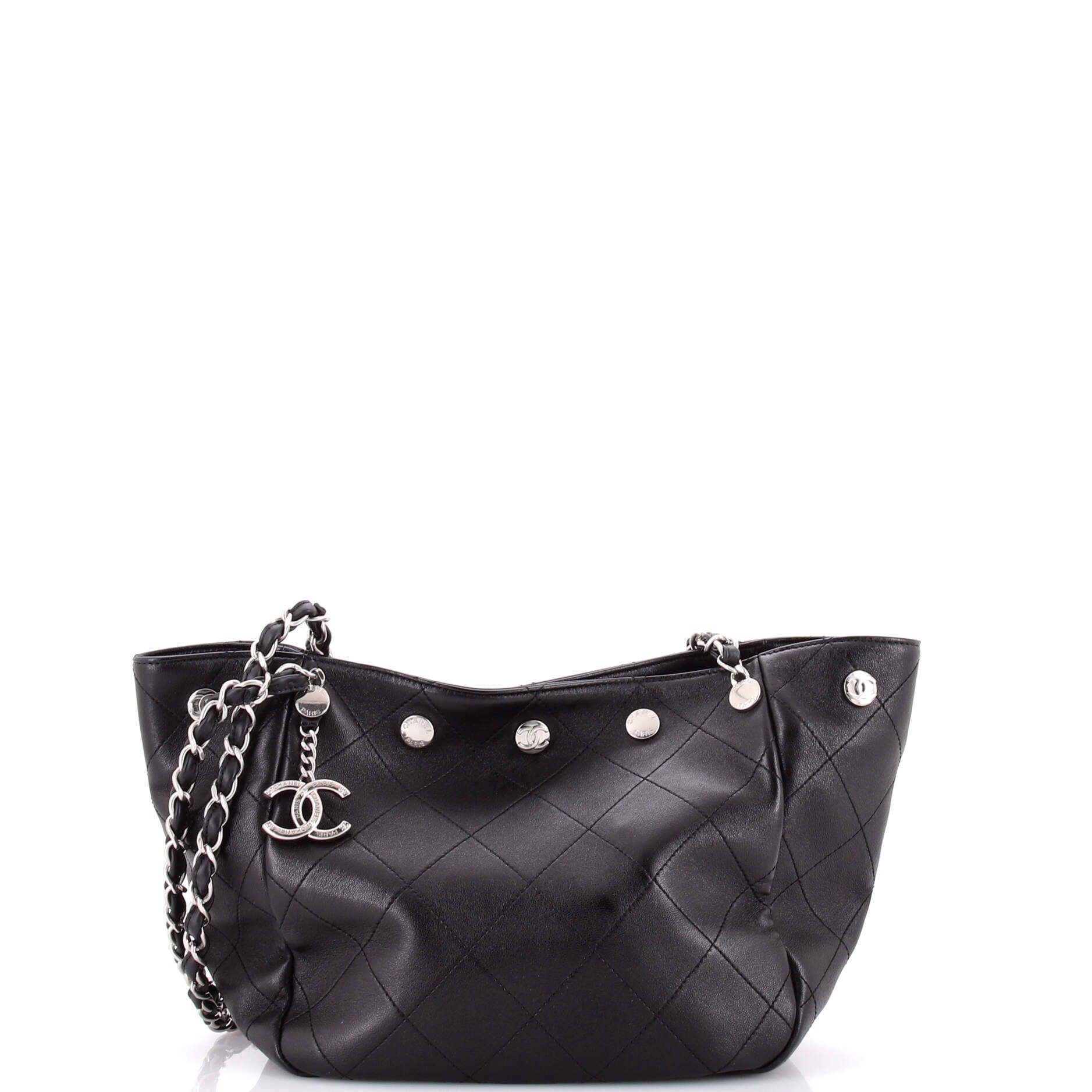 CC Button Chain Tote Quilted Shiny Lambskin Small