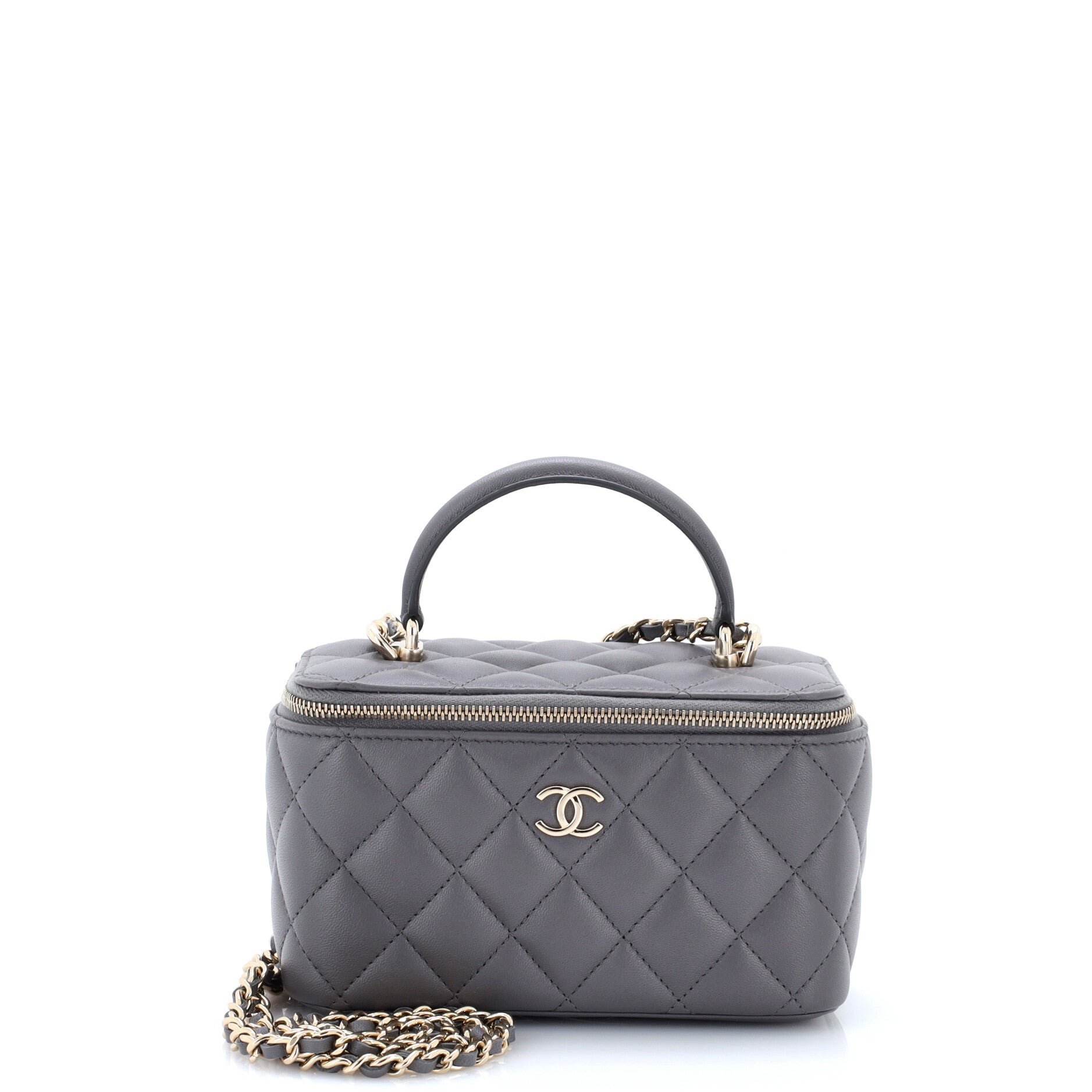 Classic Top Handle Vanity Case with Chain Quilted Lambskin Small